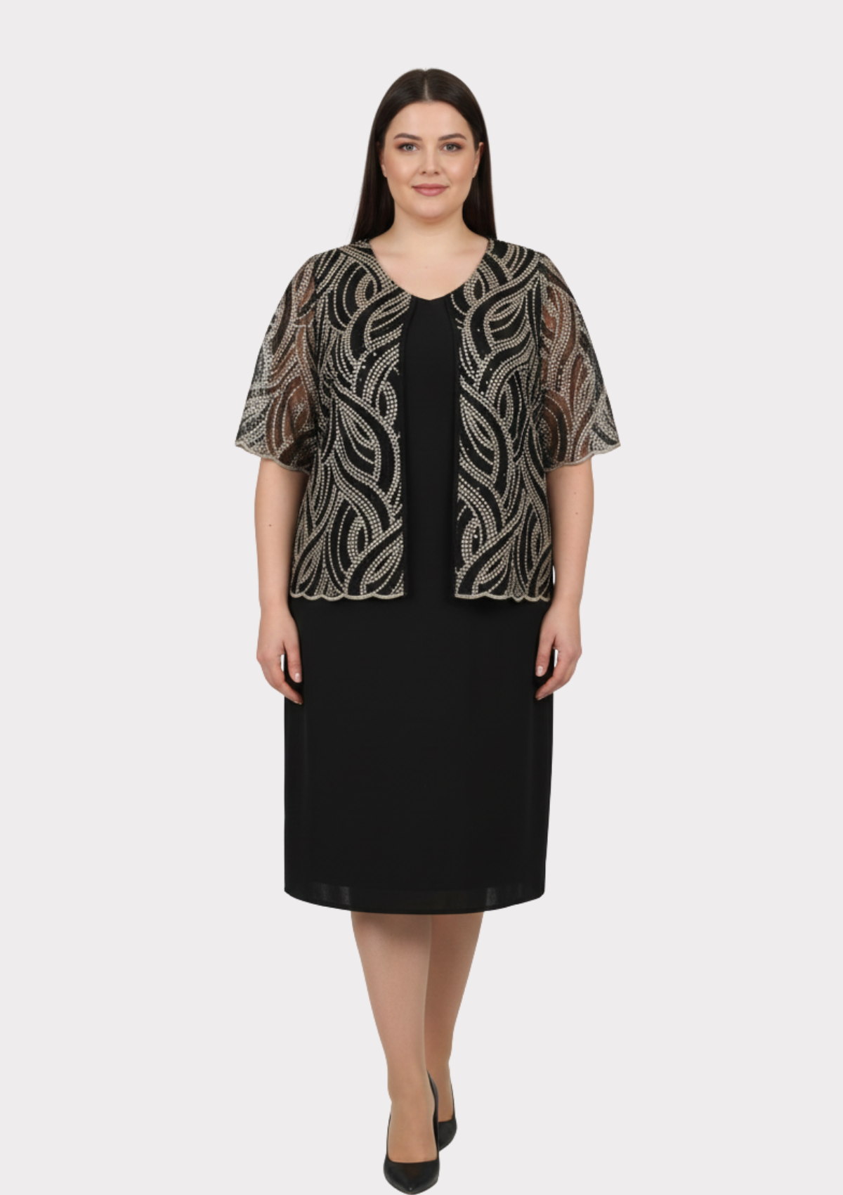 Büyük Beden Siyah Renkli Krep Kumaş Kısa Abiye Elbise