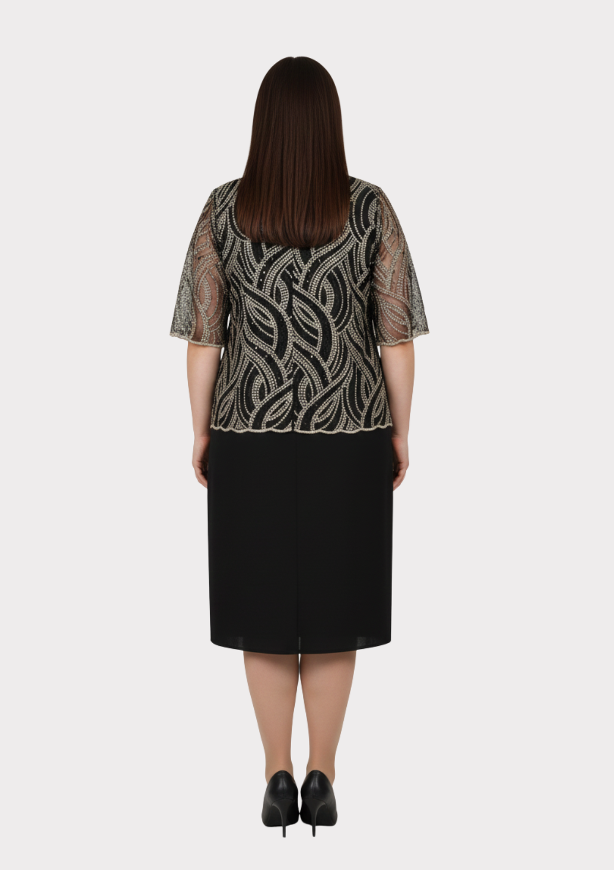 Büyük Beden Siyah Renkli Krep Kumaş Kısa Abiye Elbise