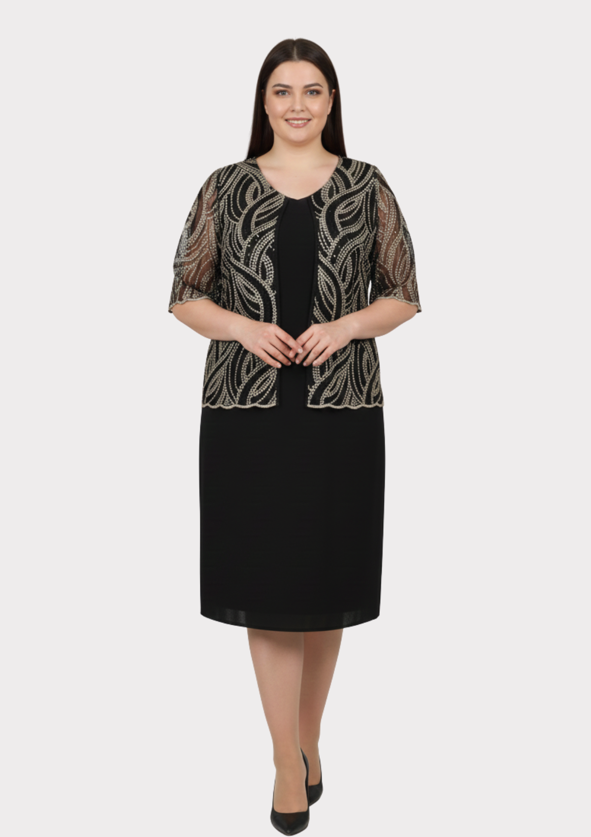 Büyük Beden Siyah Renkli Krep Kumaş Kısa Abiye Elbise