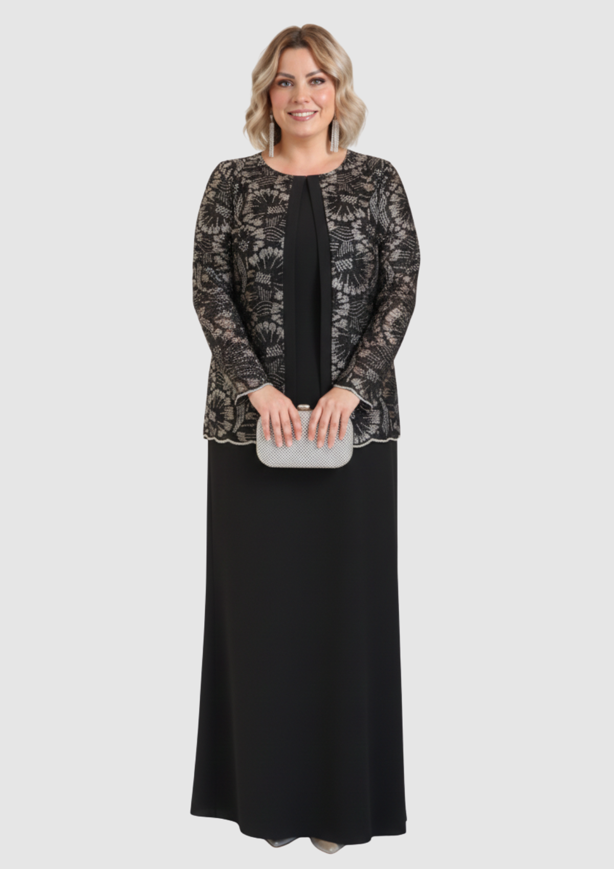 Büyük Beden Siyah Renkli Krep Kumaş Uzun Abiye Elbise