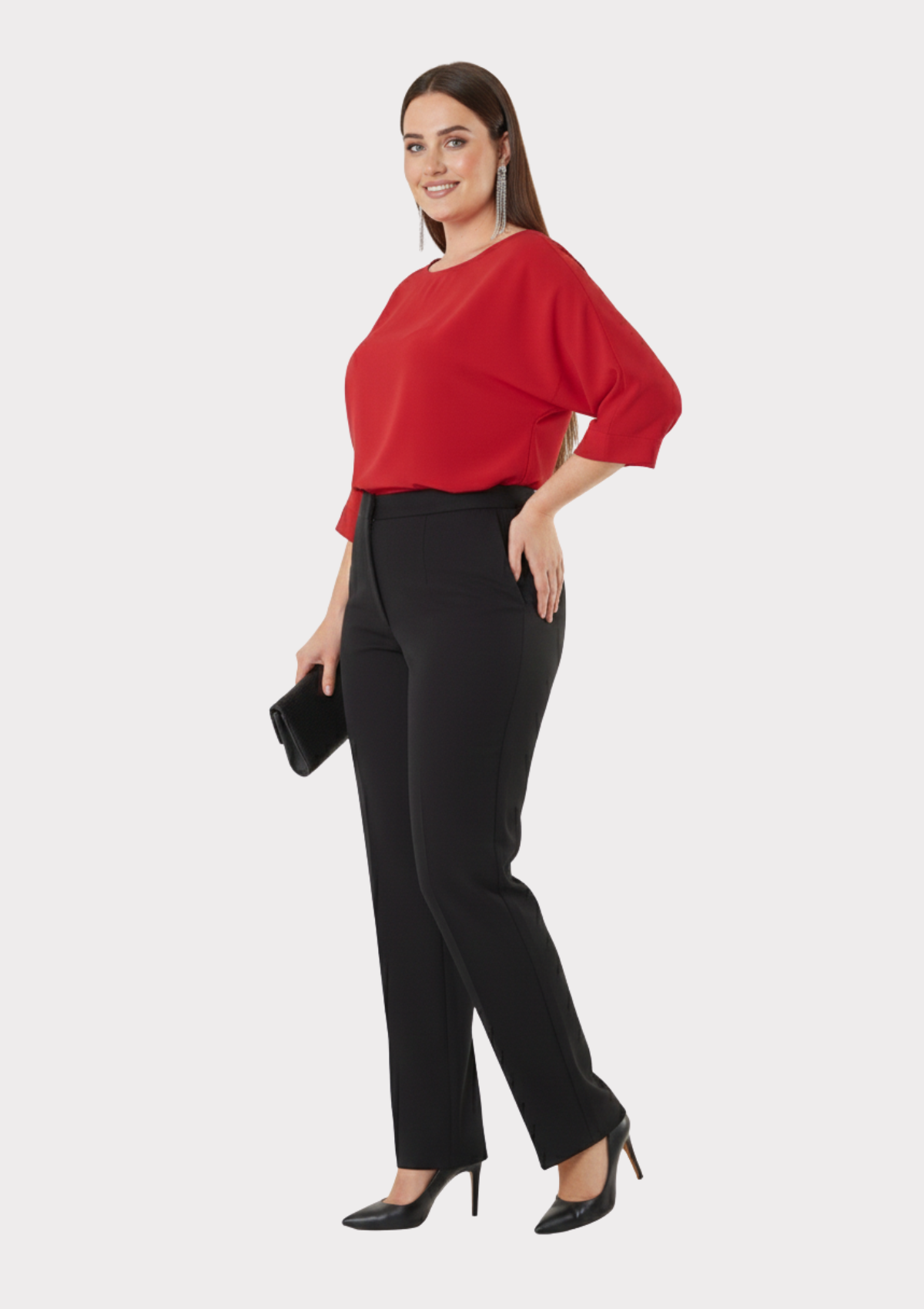 Büyük Beden Siyah Renkli Kumaş Beli Lastikli Dökümlü Pantolon