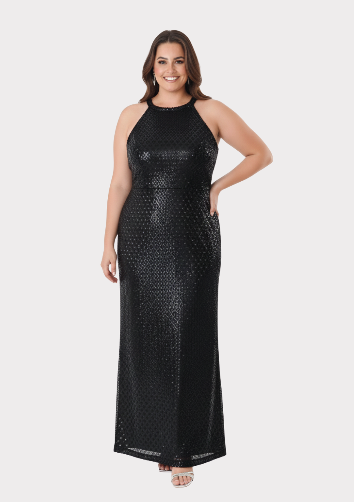 Büyük Beden Siyah Renkli Payetli Likralı Uzun Abiye