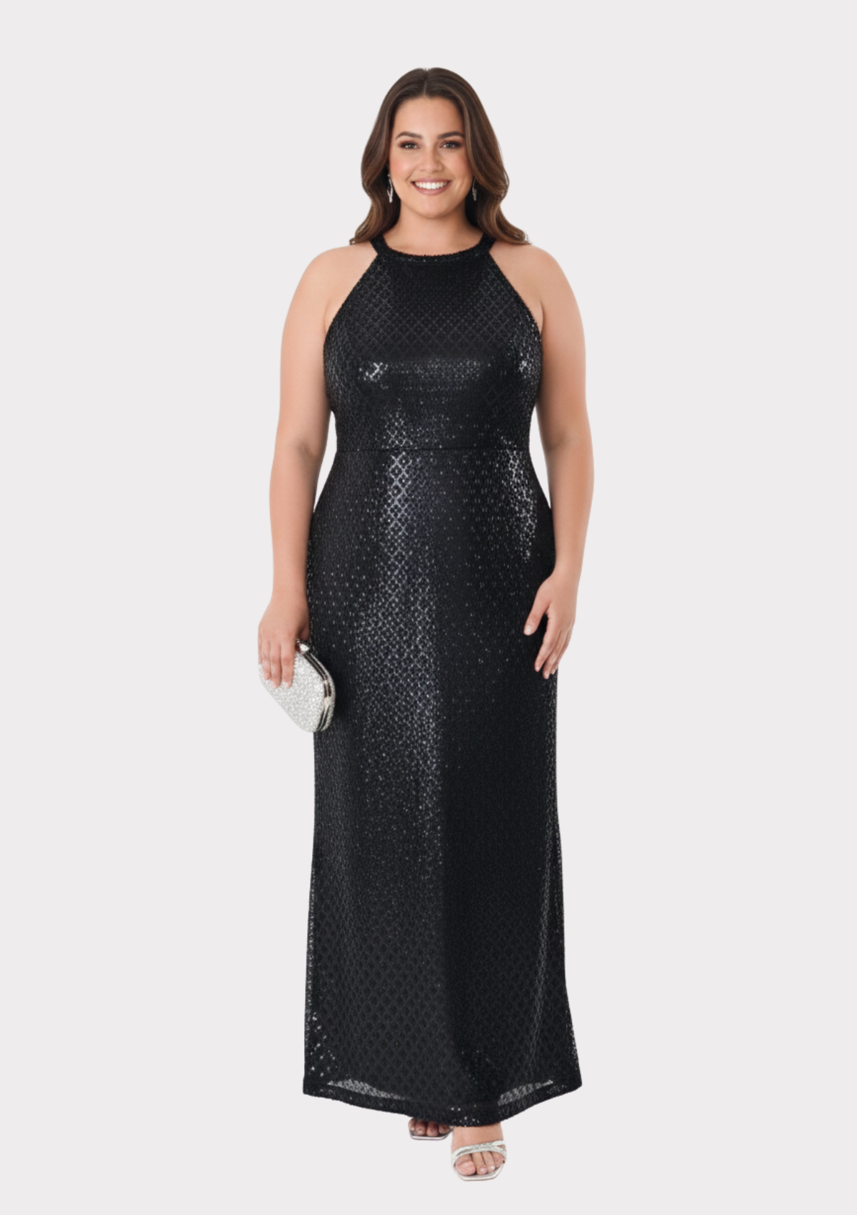 Büyük Beden Siyah Renkli Payetli Likralı Uzun Abiye