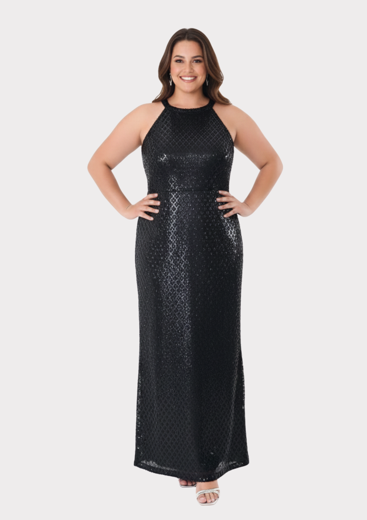 Büyük Beden Siyah Renkli Payetli Likralı Uzun Abiye