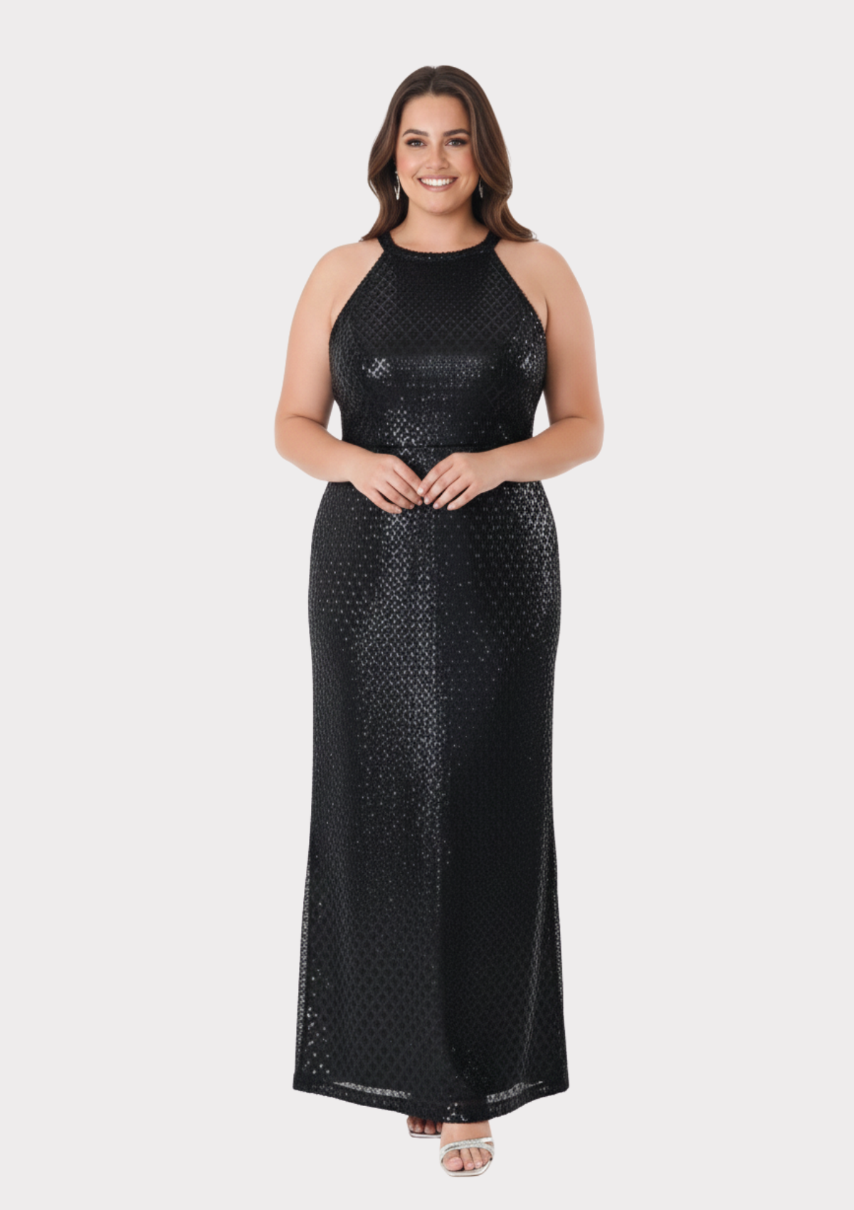 Büyük Beden Siyah Renkli Payetli Likralı Uzun Abiye