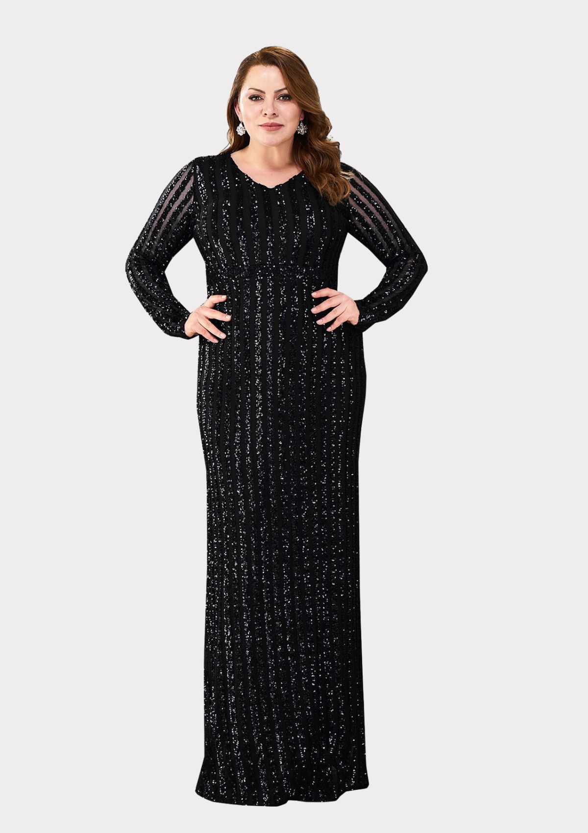 Büyük Beden Siyah Renkli Payetli Likralı Uzun Abiye