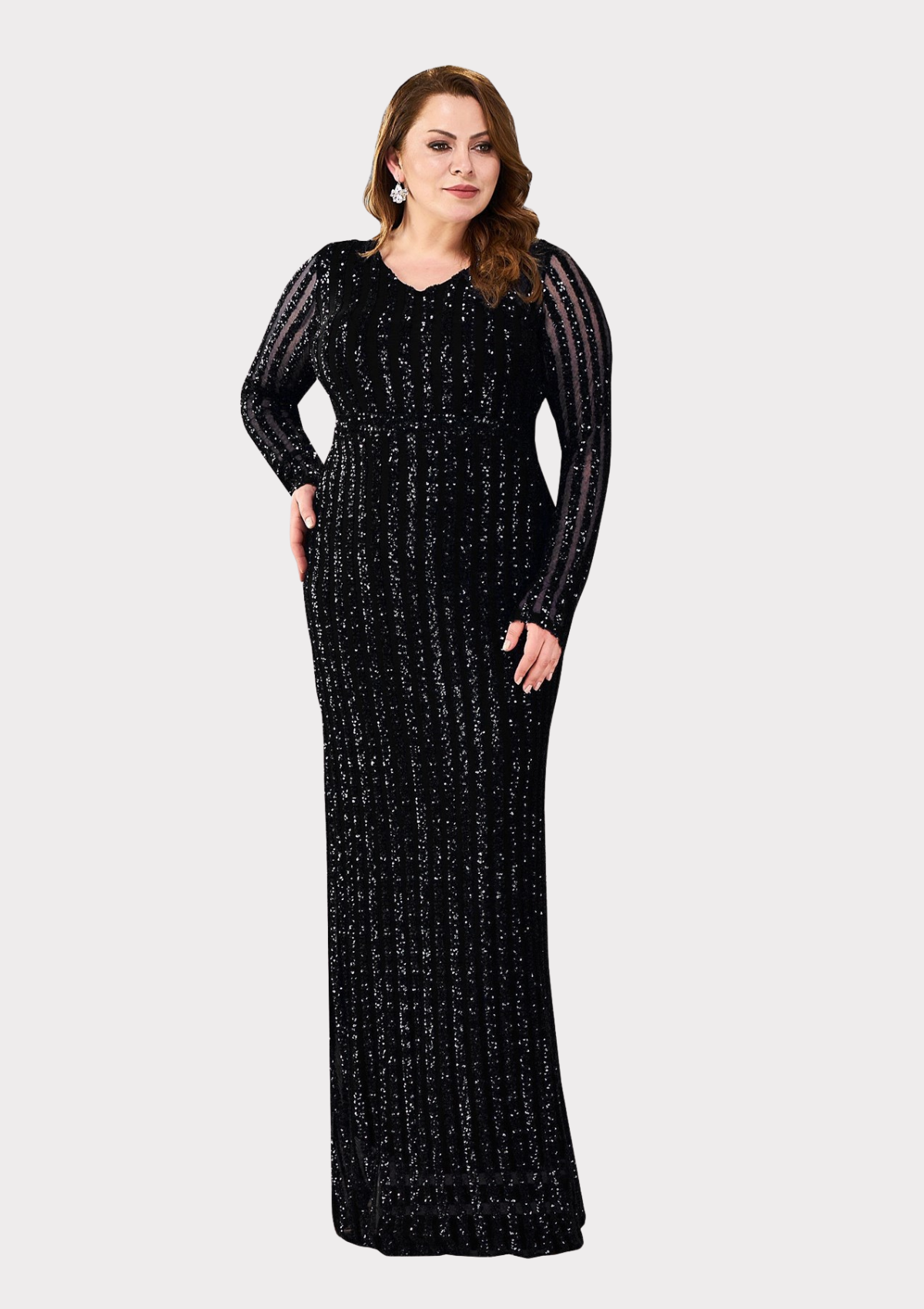 Büyük Beden Siyah Renkli Payetli Likralı Uzun Abiye