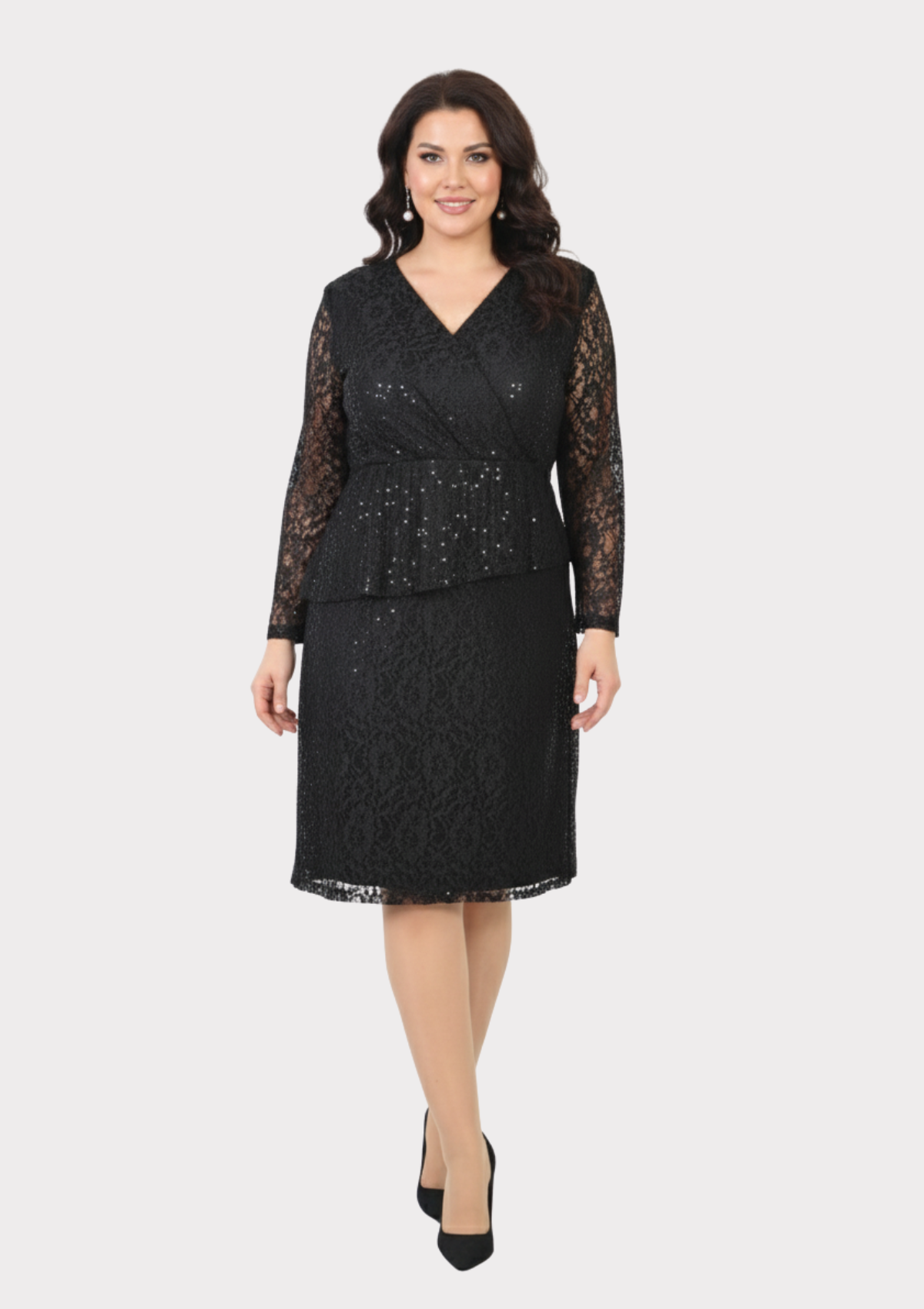 Büyük Beden Siyah Renkli Pul Payetli Dantel Kısa Abiye Elbise