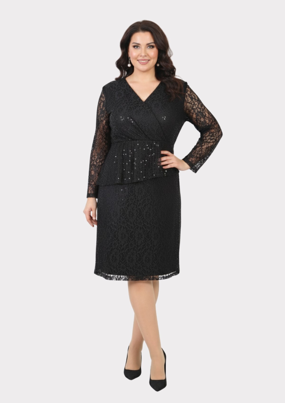 Büyük Beden Siyah Renkli Pul Payetli Dantel Kısa Abiye Elbise
