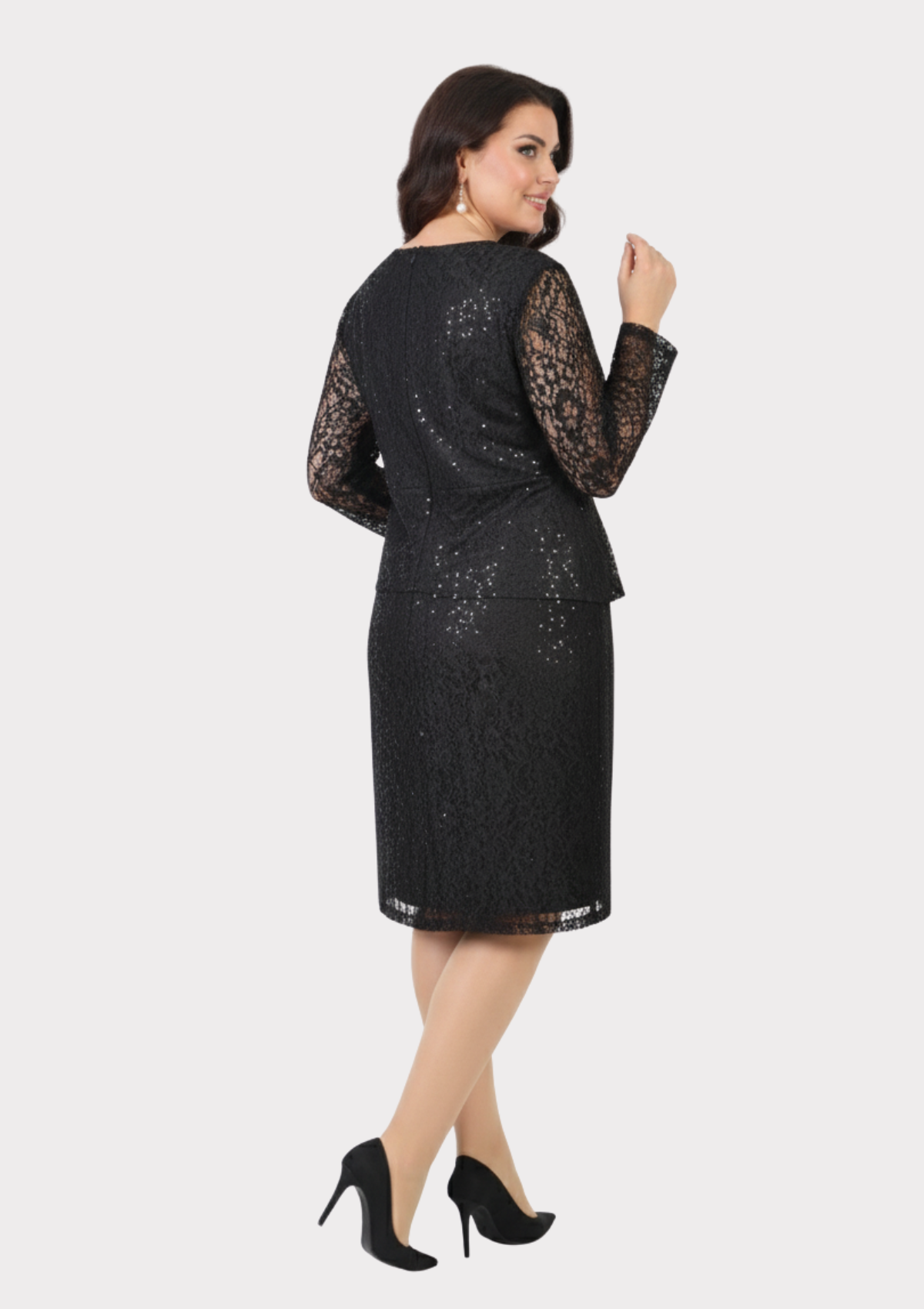 Büyük Beden Siyah Renkli Pul Payetli Dantel Kısa Abiye Elbise