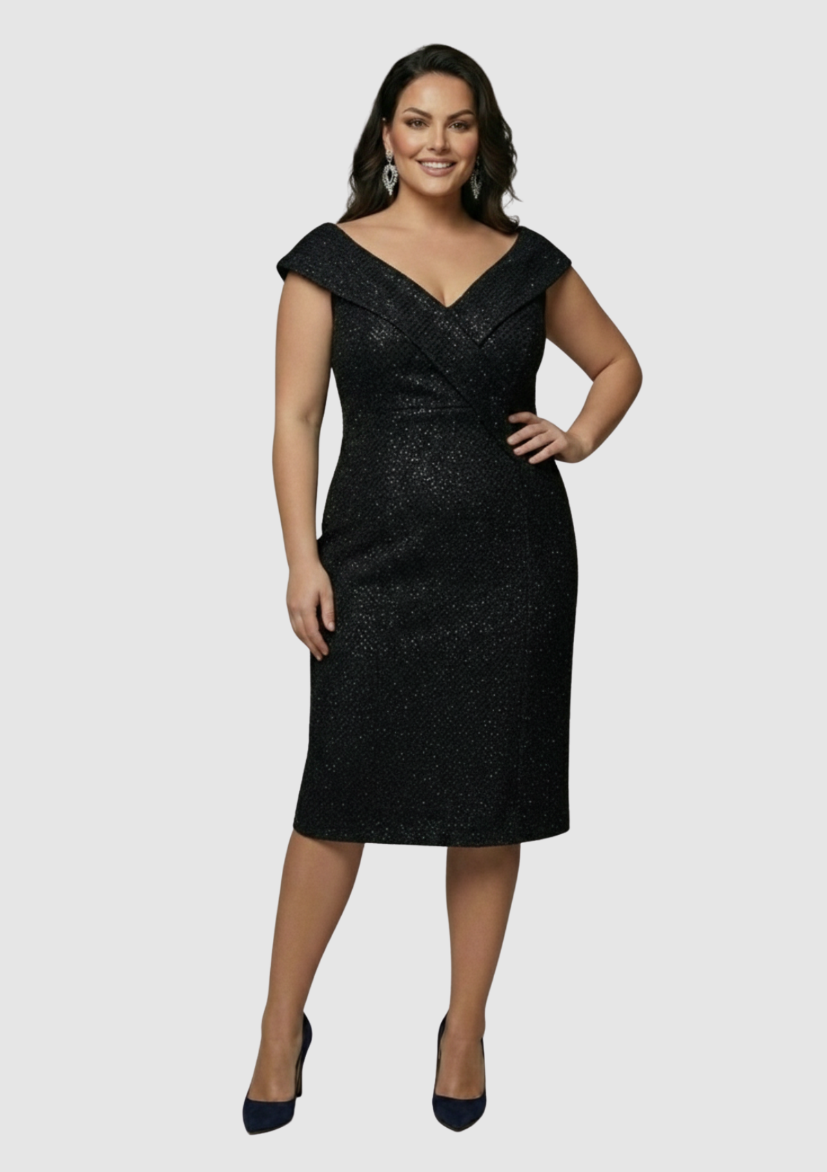 Büyük Beden Siyah Renkli Pul Payetli Petek Tül Kısa Abiye Elbise