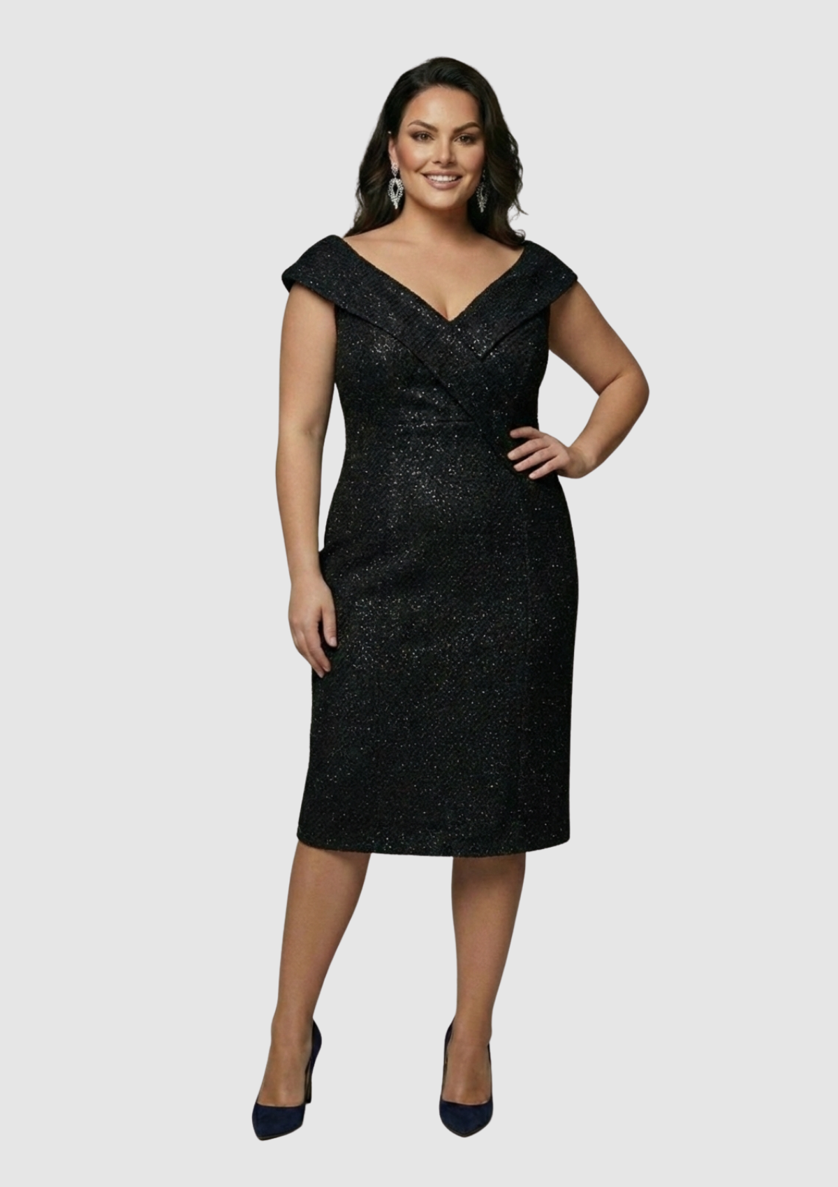 Büyük Beden Siyah Renkli Pul Payetli Petek Tül Kısa Abiye Elbise