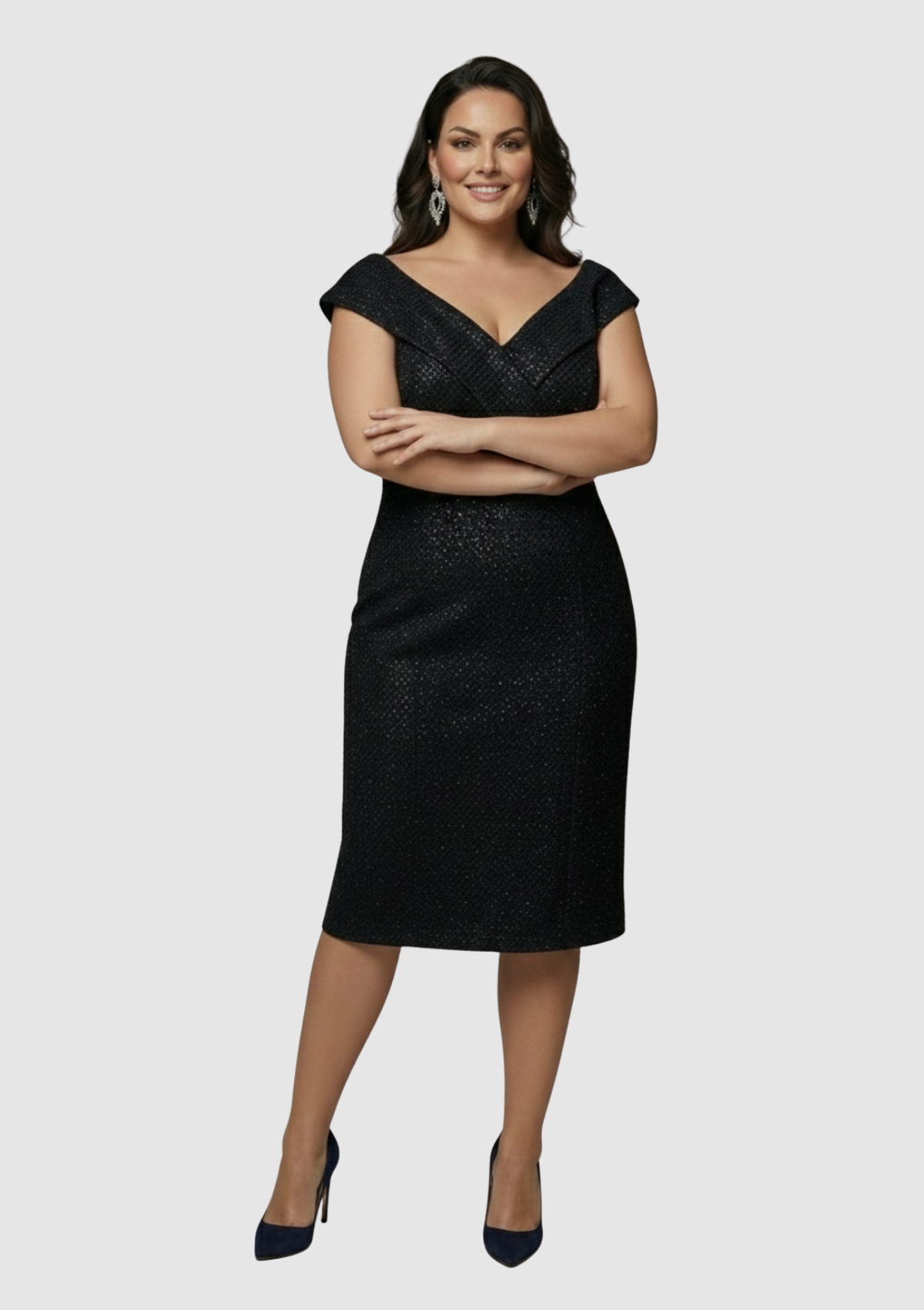 Büyük Beden Siyah Renkli Pul Payetli Petek Tül Kısa Abiye Elbise