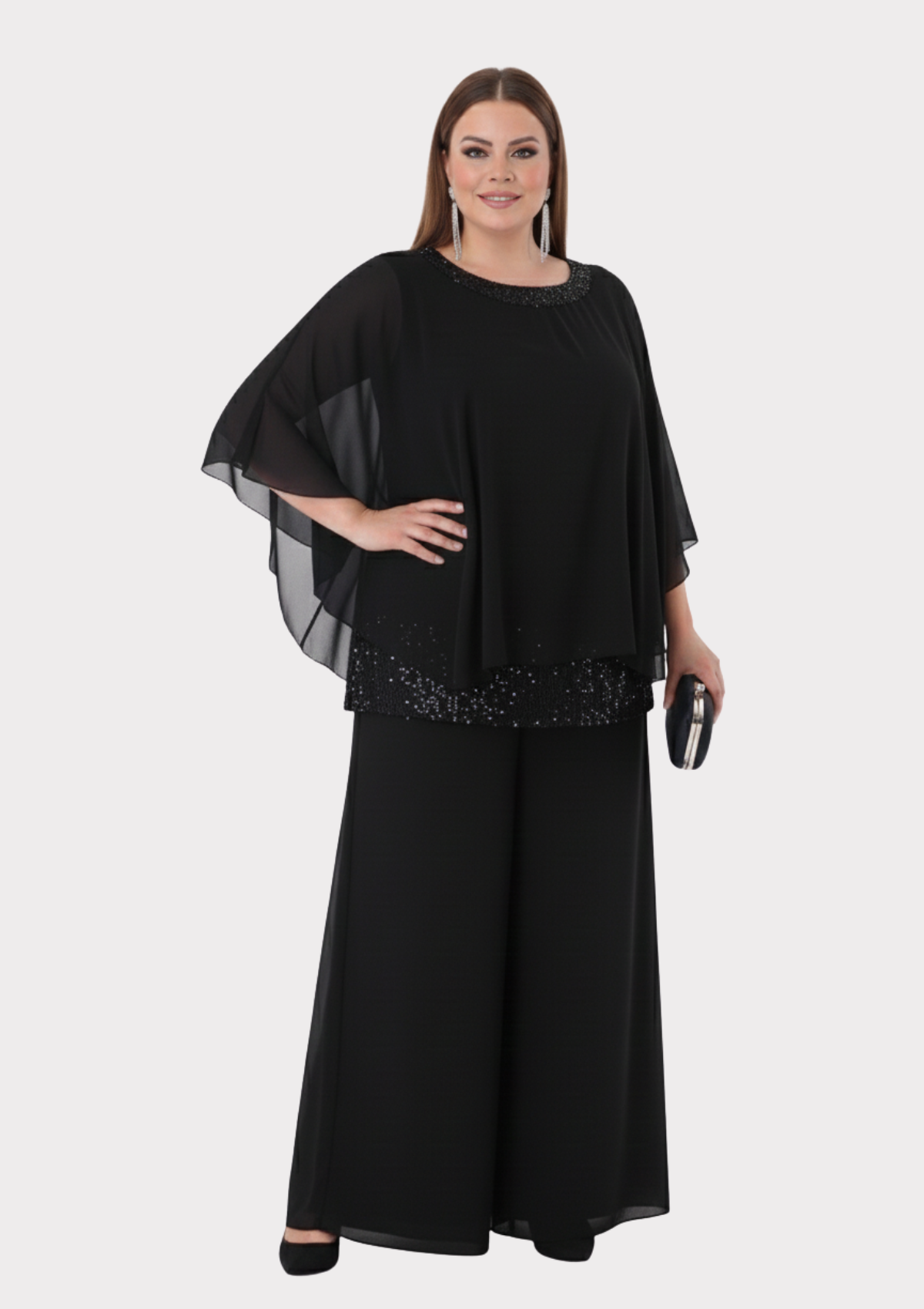 Büyük Beden Siyah Renkli Şifon Abiye Pantolon Bluz Takım