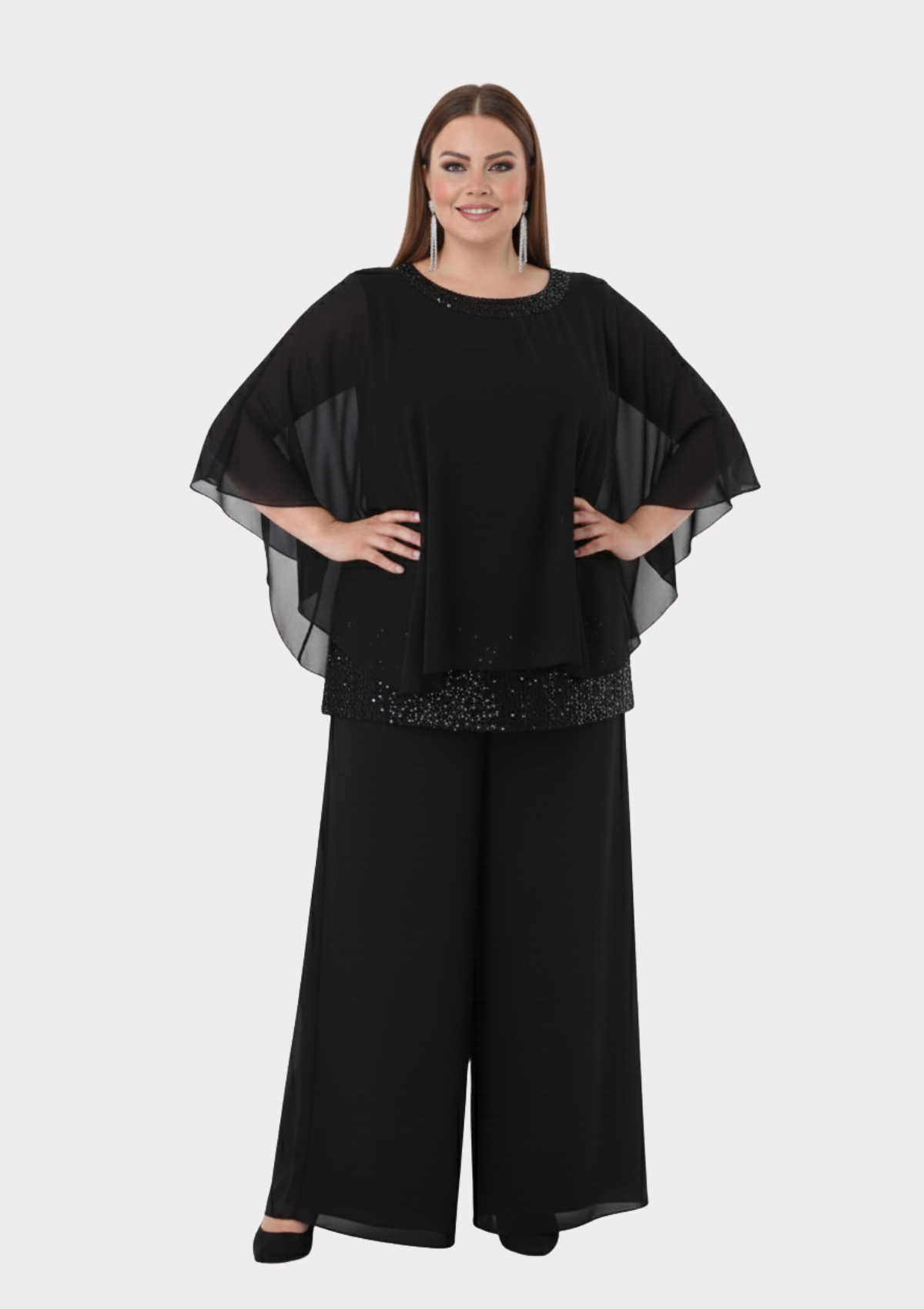Büyük Beden Siyah Renkli Şifon Abiye Pantolon Bluz Takım