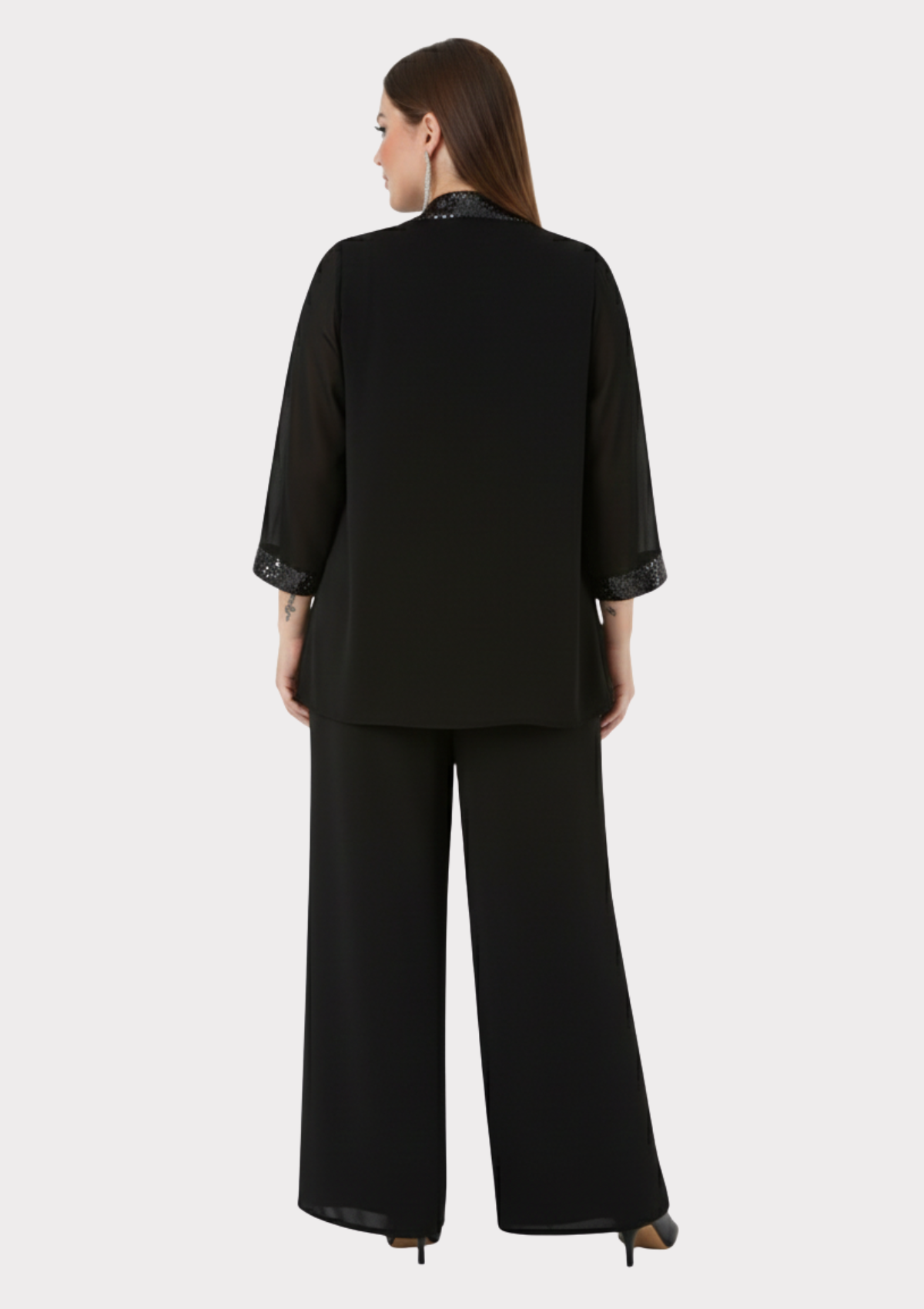 Büyük Beden Siyah Renkli Şifon Abiye Pantolon Bluz Takım