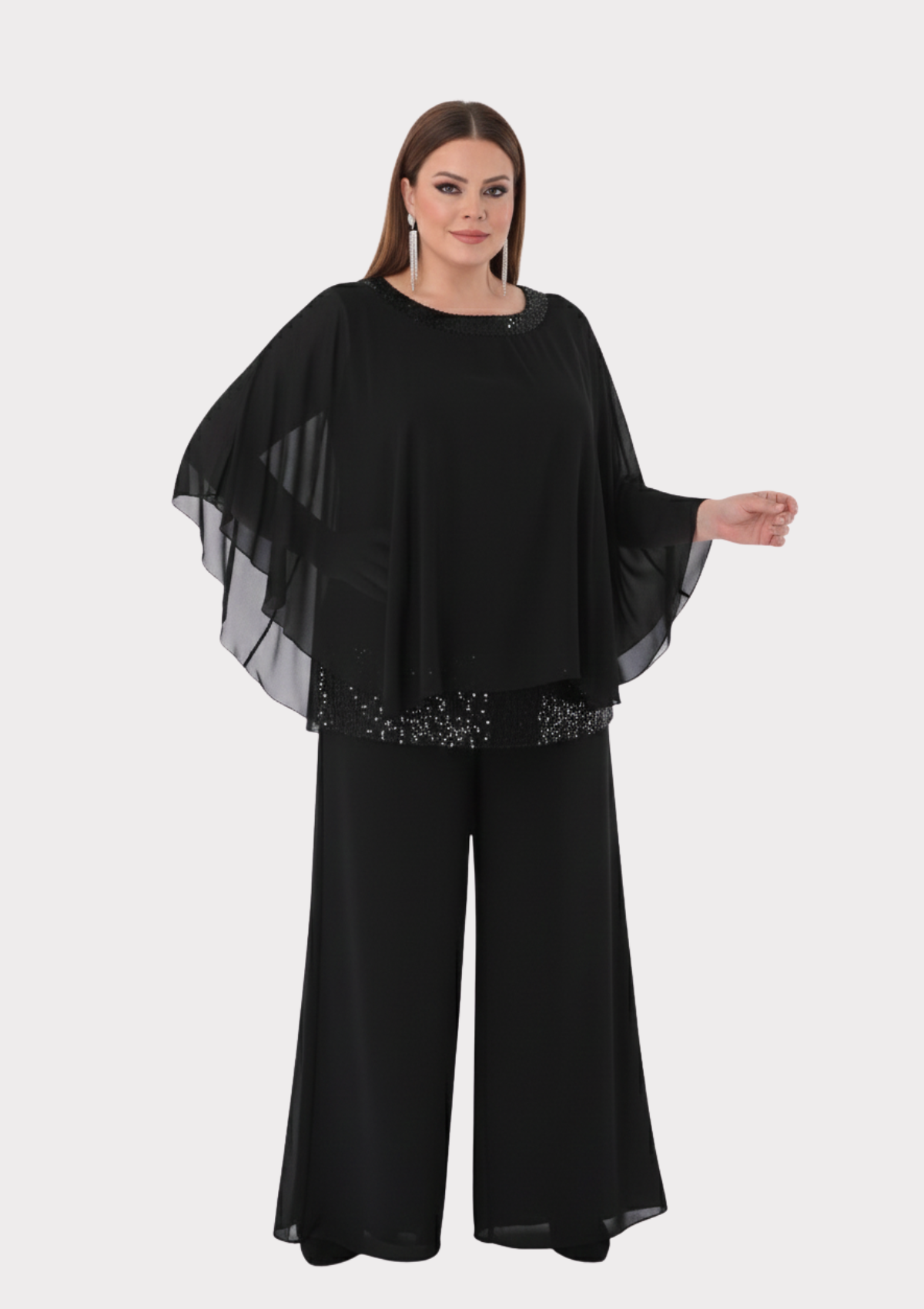 Büyük Beden Siyah Renkli Şifon Abiye Pantolon Bluz Takım