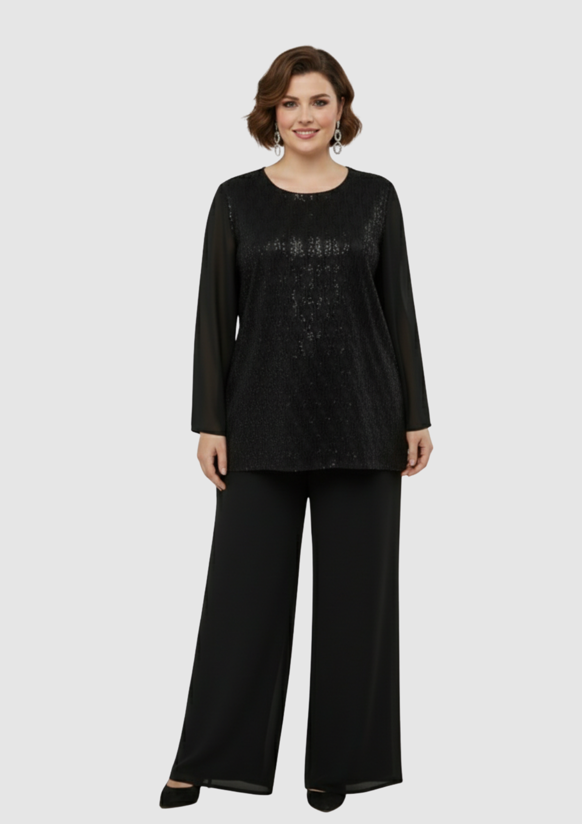 Büyük Beden Siyah Renkli Şifon Abiye Pantolon Bluz Takım