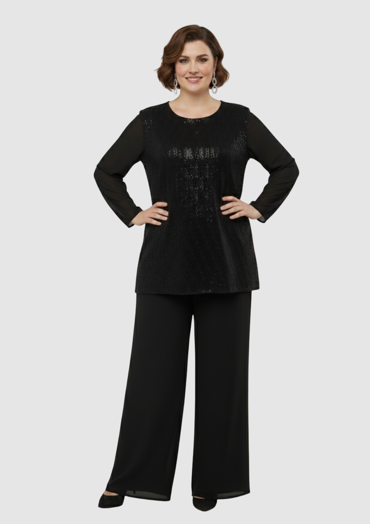 Büyük Beden Siyah Renkli Şifon Abiye Pantolon Bluz Takım