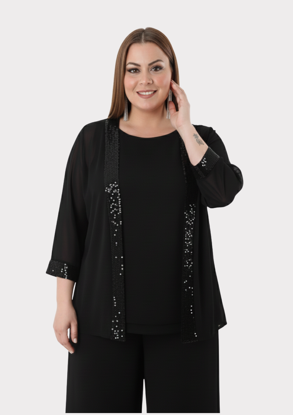 Büyük Beden Siyah Renkli Şifon Ceketli Abiye Bluz