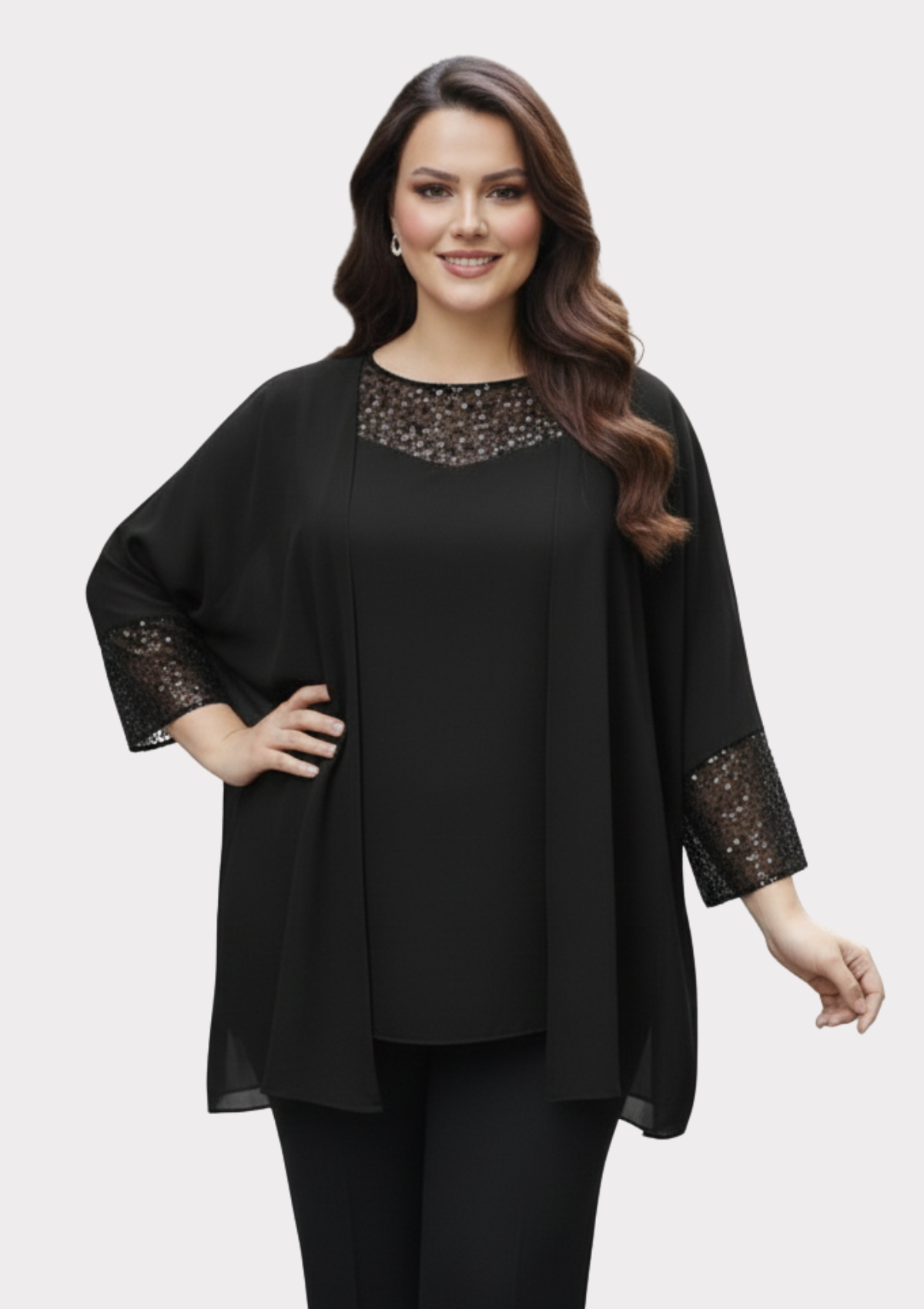 Büyük Beden Siyah Renkli Şifon Ceketli Abiye Bluz