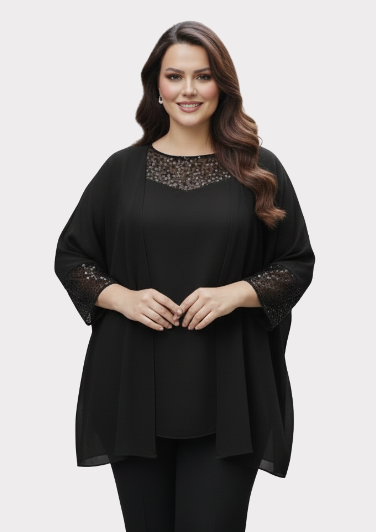 Büyük Beden Siyah Renkli Şifon Ceketli Abiye Bluz