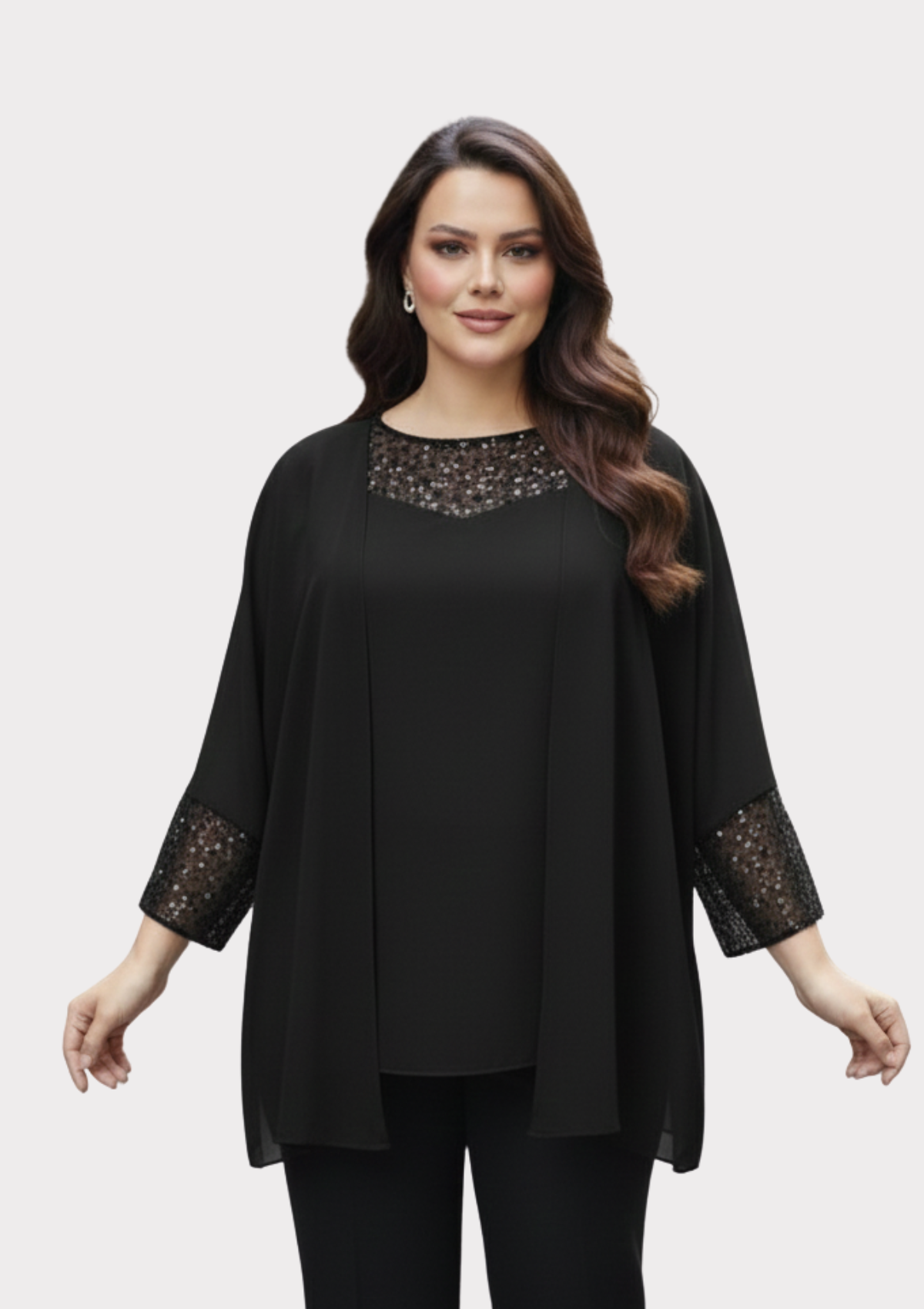 Büyük Beden Siyah Renkli Şifon Ceketli Abiye Bluz