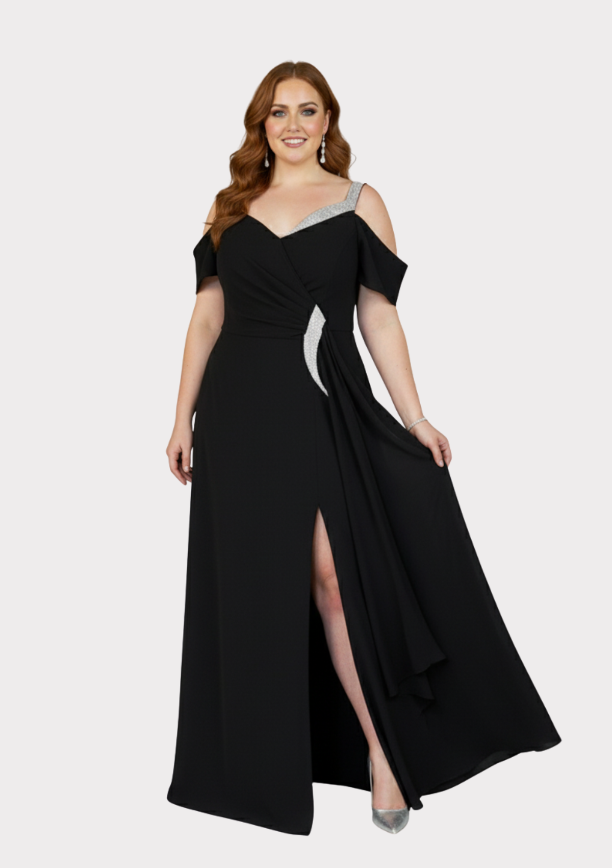 Büyük Beden Siyah Renkli Şifon Uzun Abiye Elbise