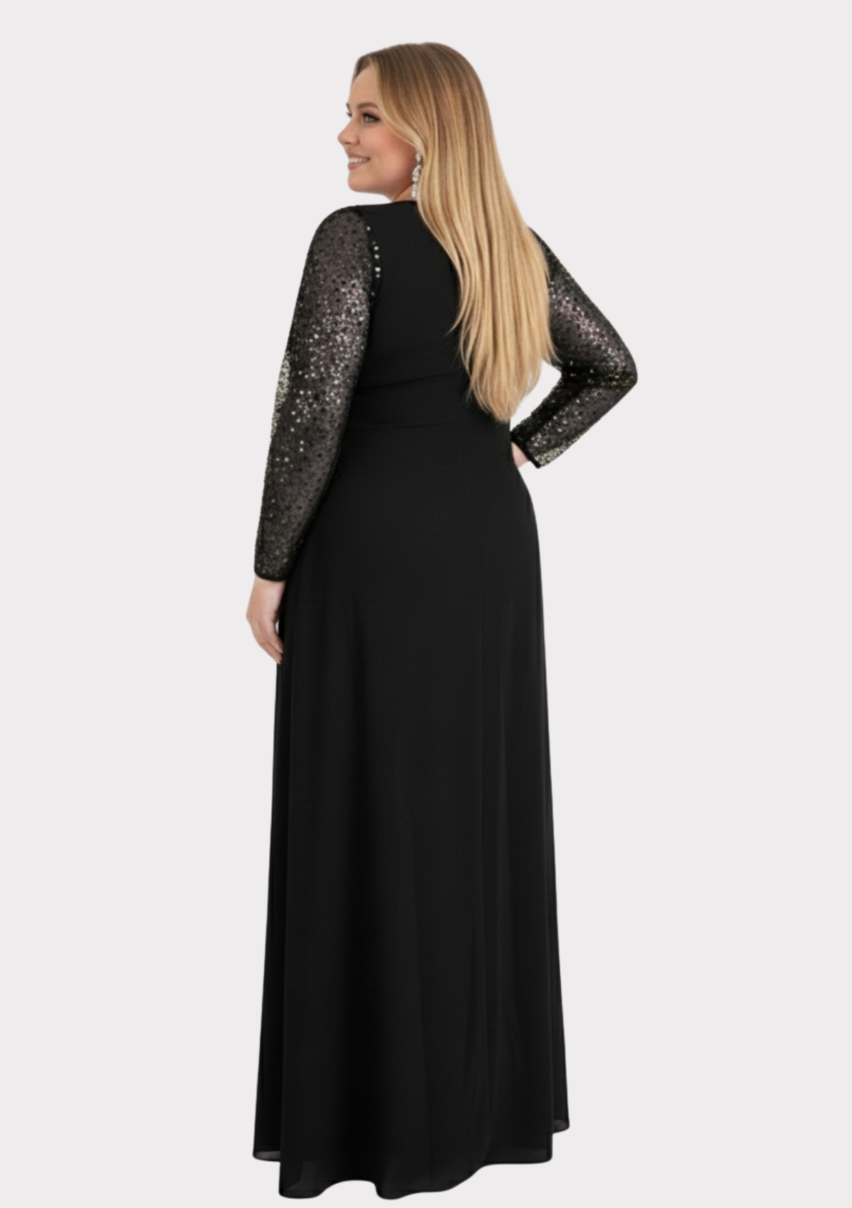 Büyük Beden Siyah Renkli Şifon Uzun Abiye Elbise