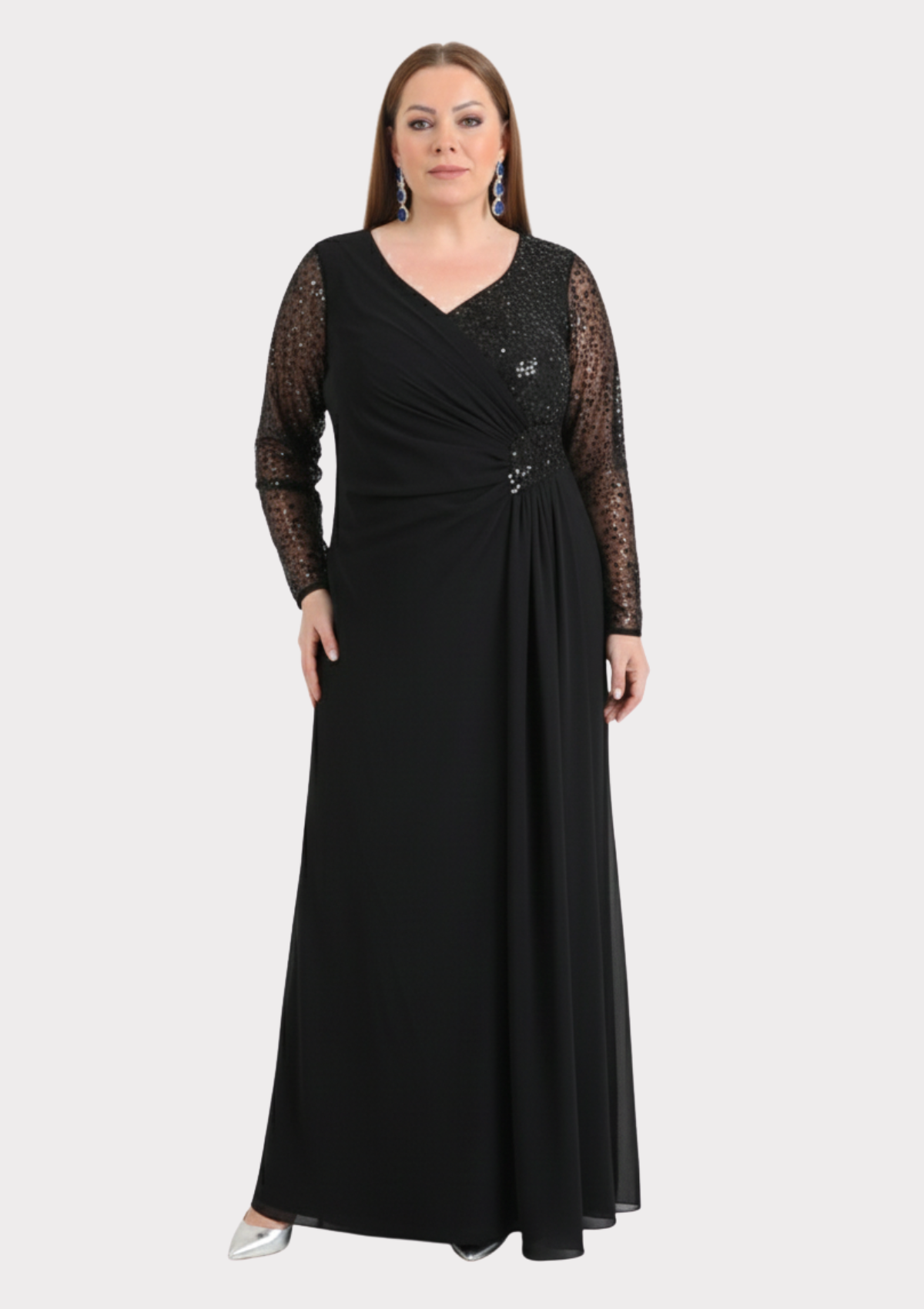 Büyük Beden Siyah Renkli Şifon Uzun Abiye Elbise