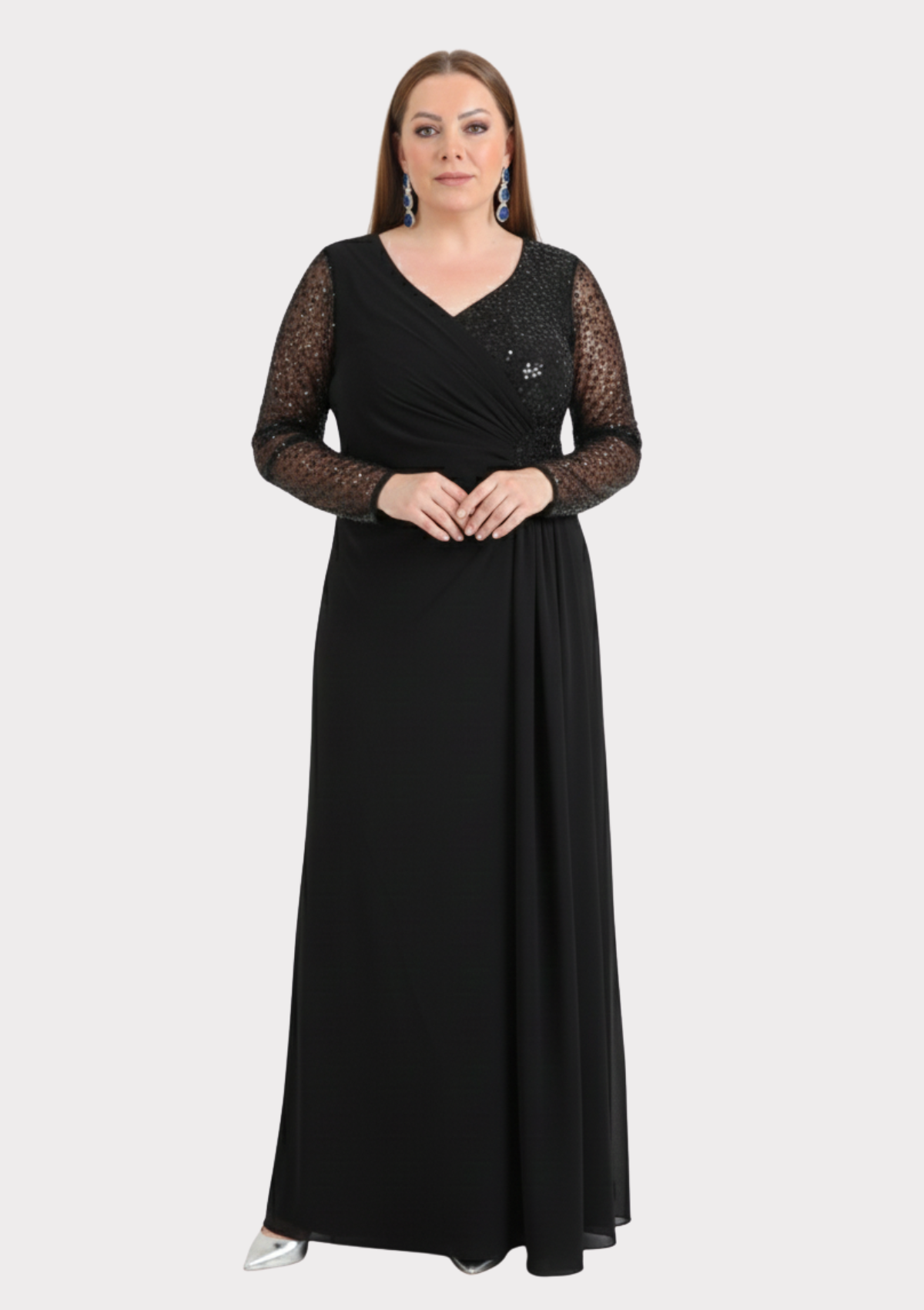 Büyük Beden Siyah Renkli Şifon Uzun Abiye Elbise