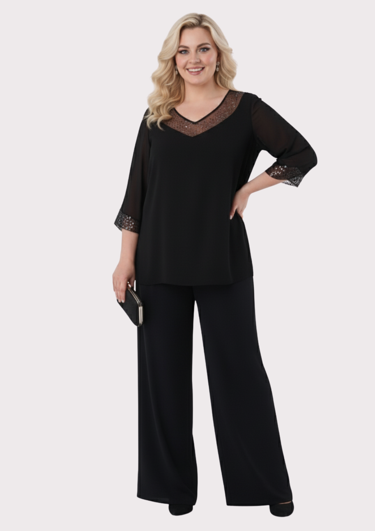 Büyük Beden Siyah Renkli Şifon V Yaka Abiye Bluz