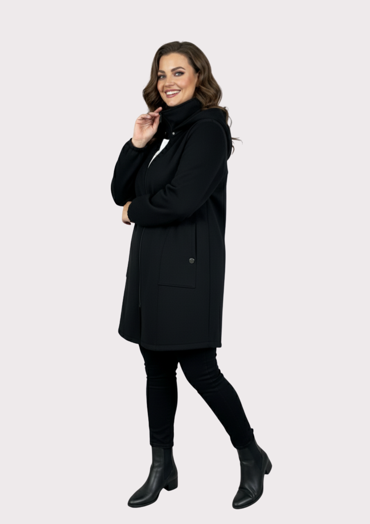 Büyük Beden Siyah Renkli Süet Kapşonlu Uzun  Ceket