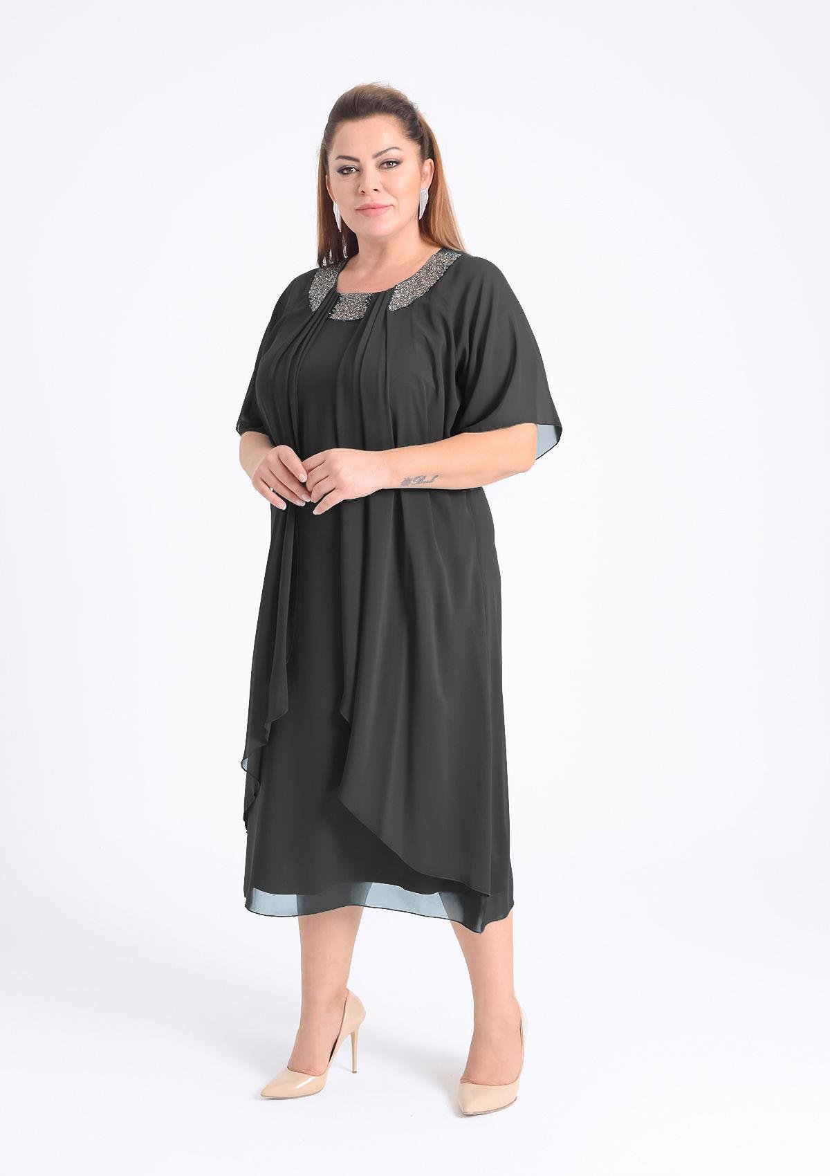 Büyük Beden Siyah Renkli Taş Baskılı Kısa Abiye Elbise