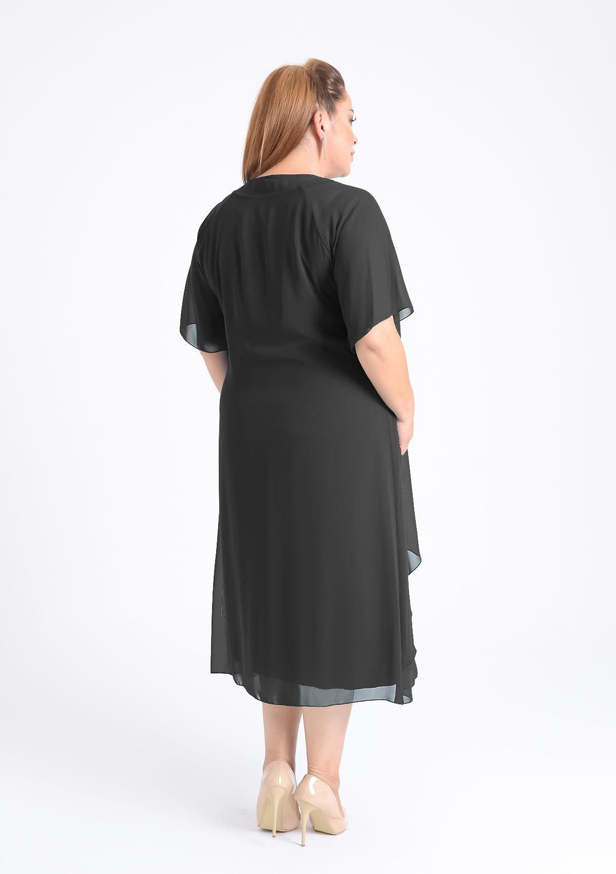 Büyük Beden Siyah Renkli Taş Baskılı Kısa Abiye Elbise