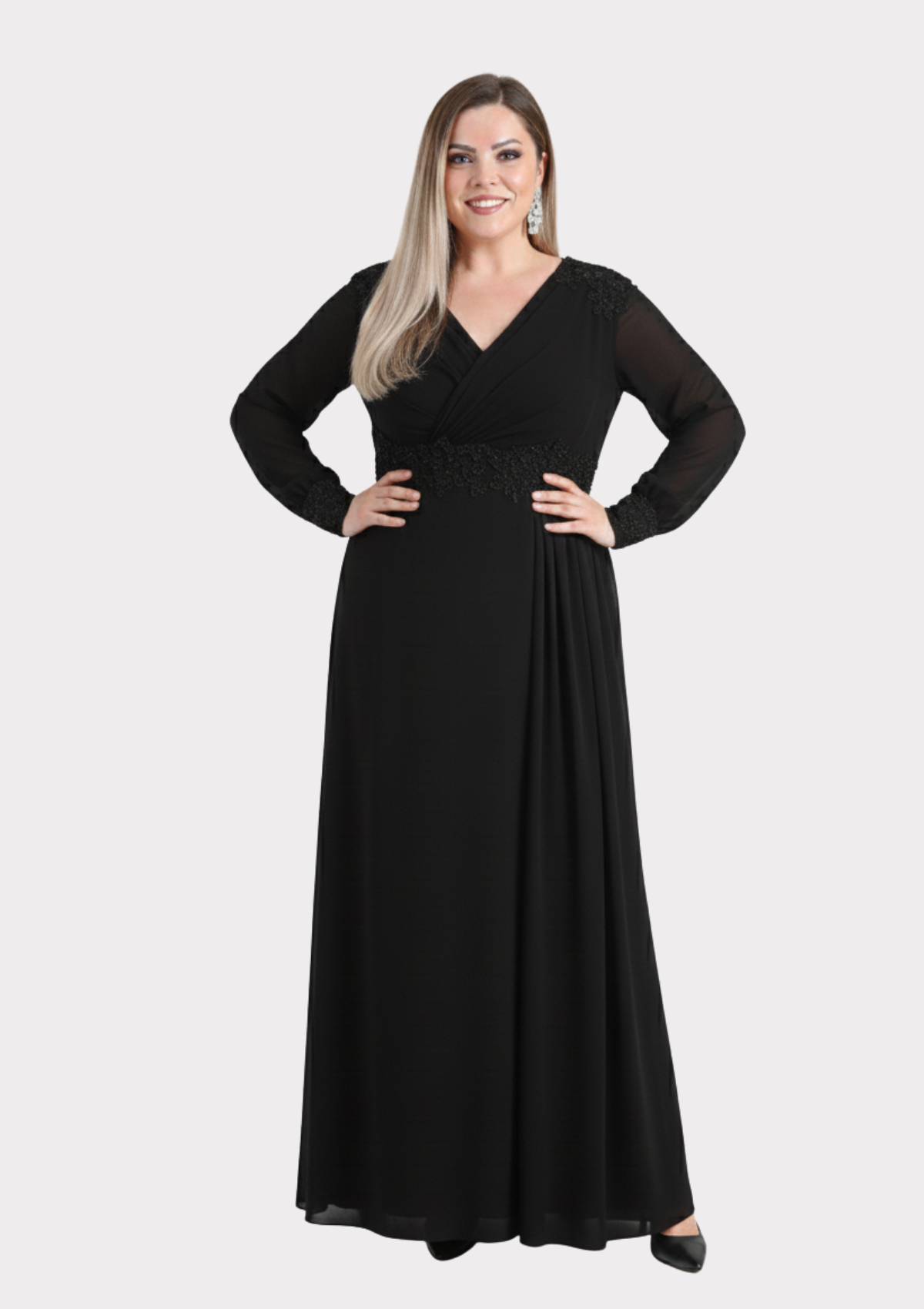 Büyük Beden Siyah Renkli Uzun Şifon Abiye Elbise