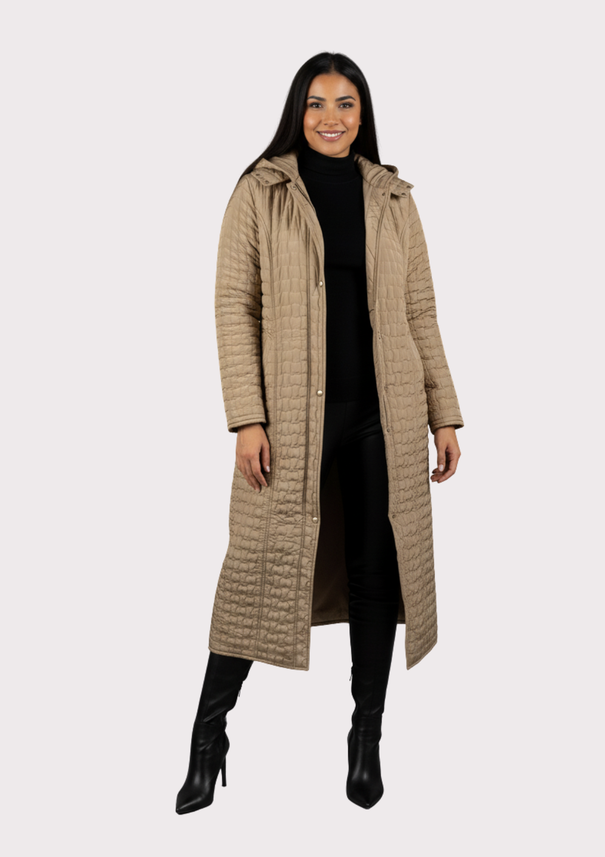 Büyük Beden Vizon Renkli Kapşonlu Uzun Kapitone Mont