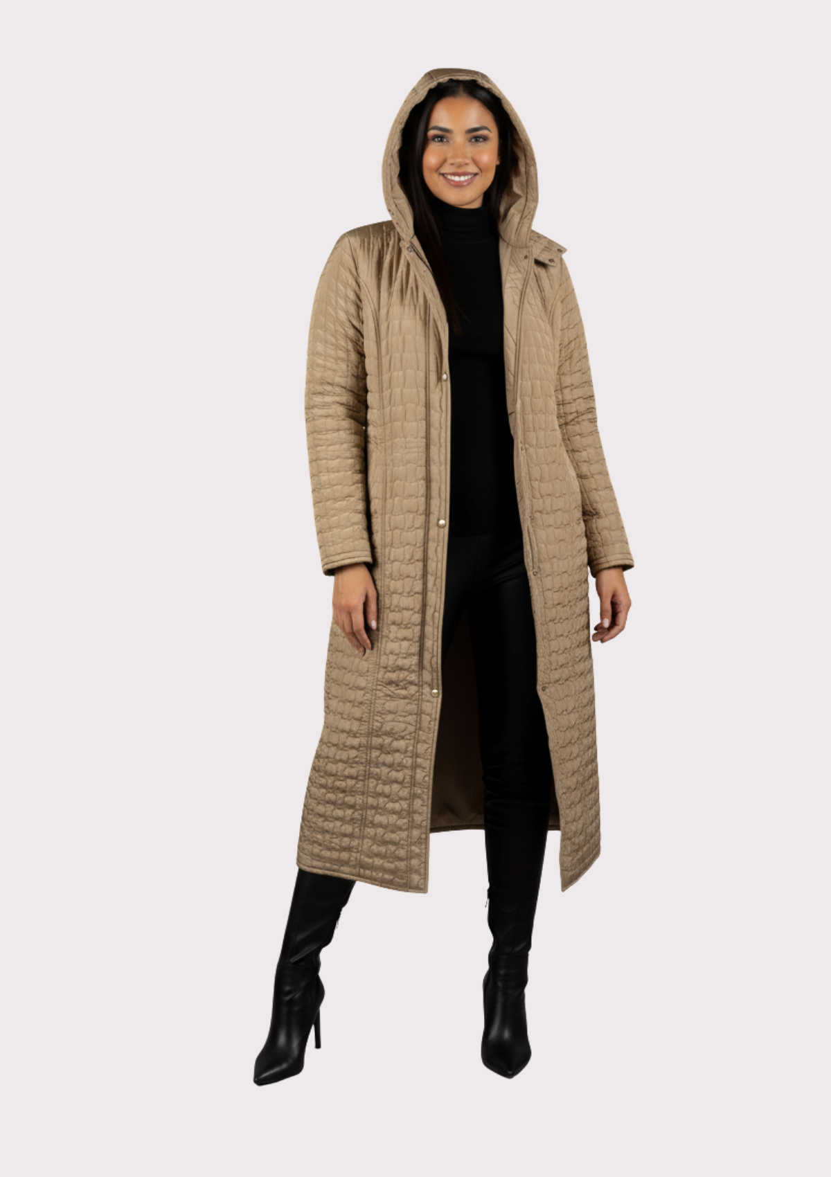 Büyük Beden Vizon Renkli Kapşonlu Uzun Kapitone Mont