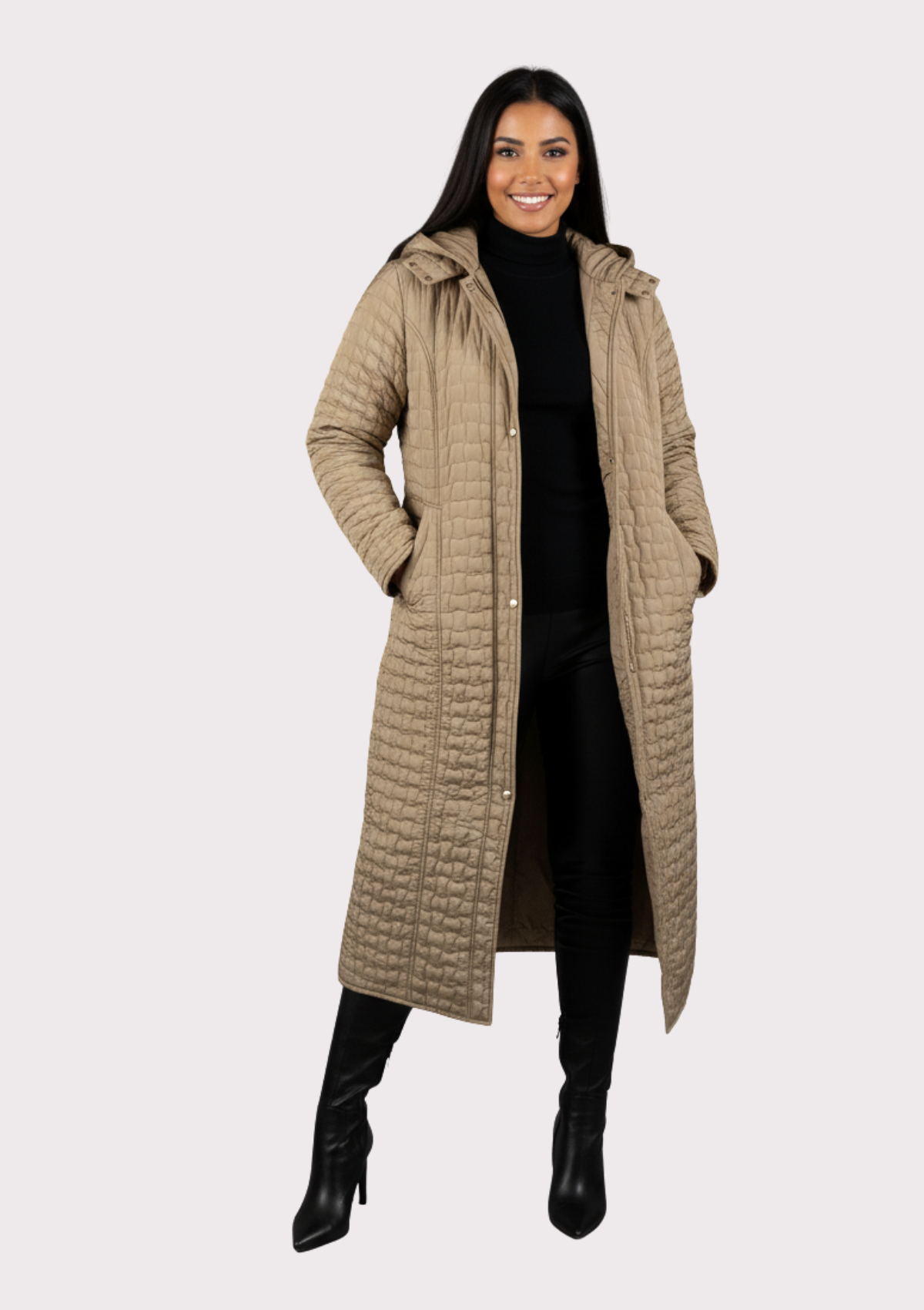 Büyük Beden Vizon Renkli Kapşonlu Uzun Kapitone Mont