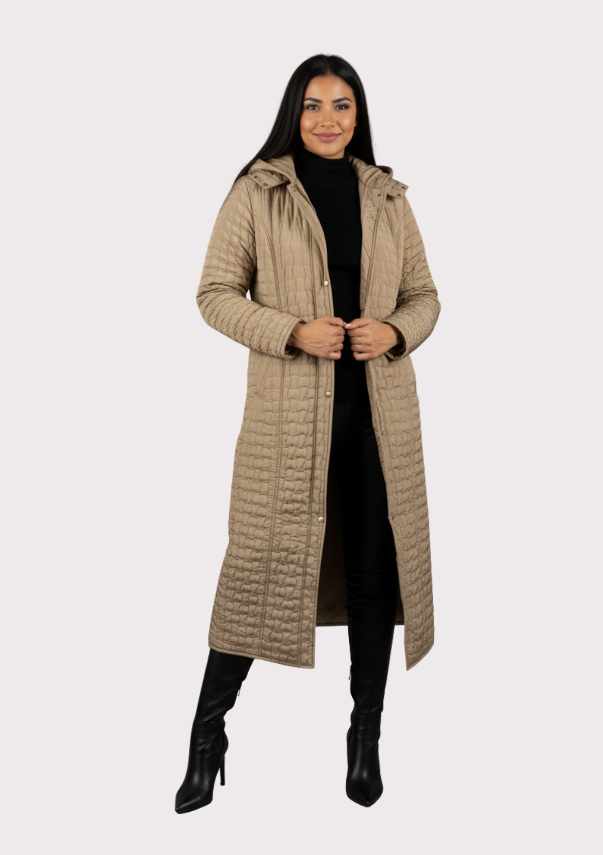 Büyük Beden Vizon Renkli Kapşonlu Uzun Kapitone Mont