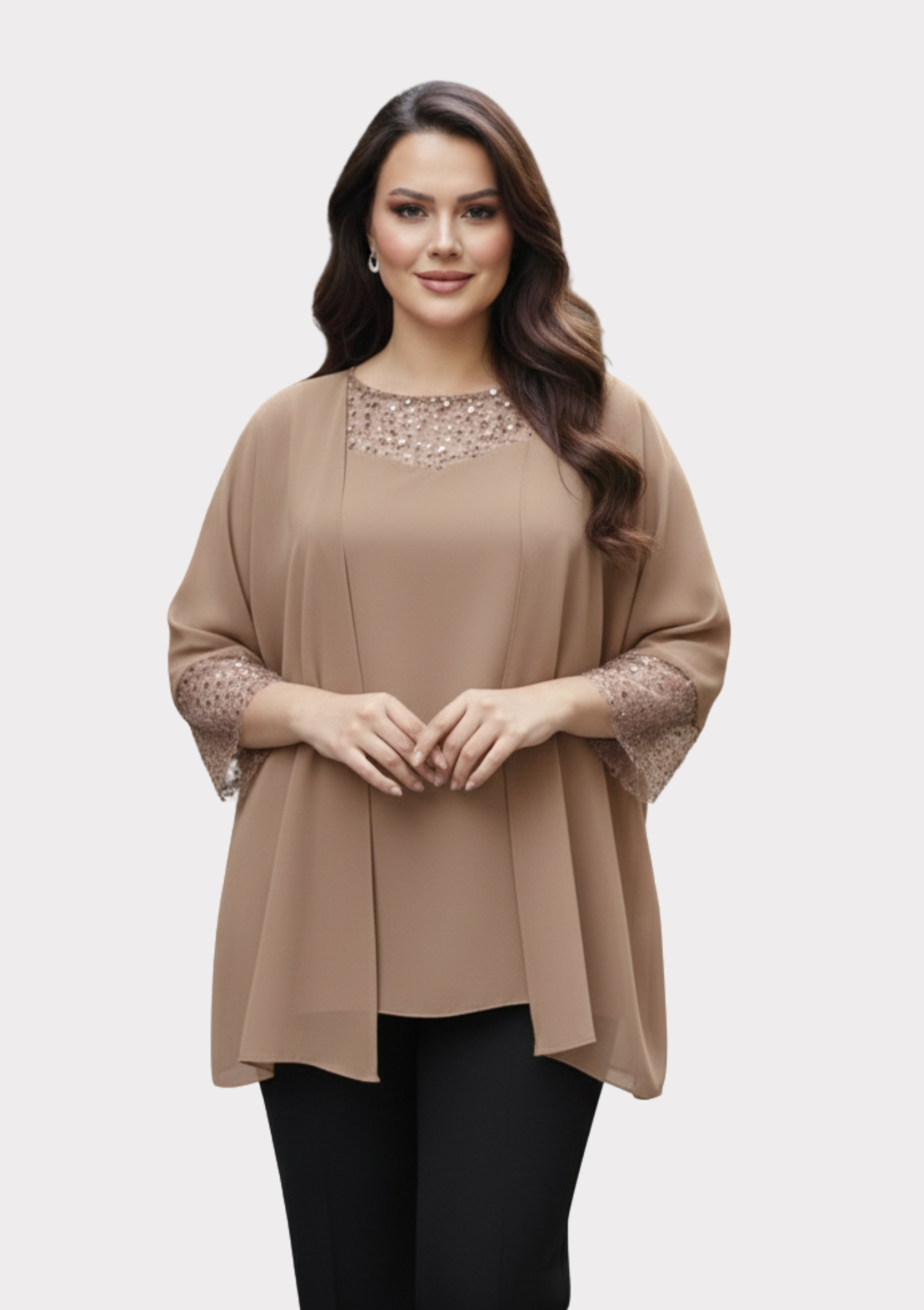 Büyük Beden Vizon Renkli Şifon Ceketli Abiye Bluz