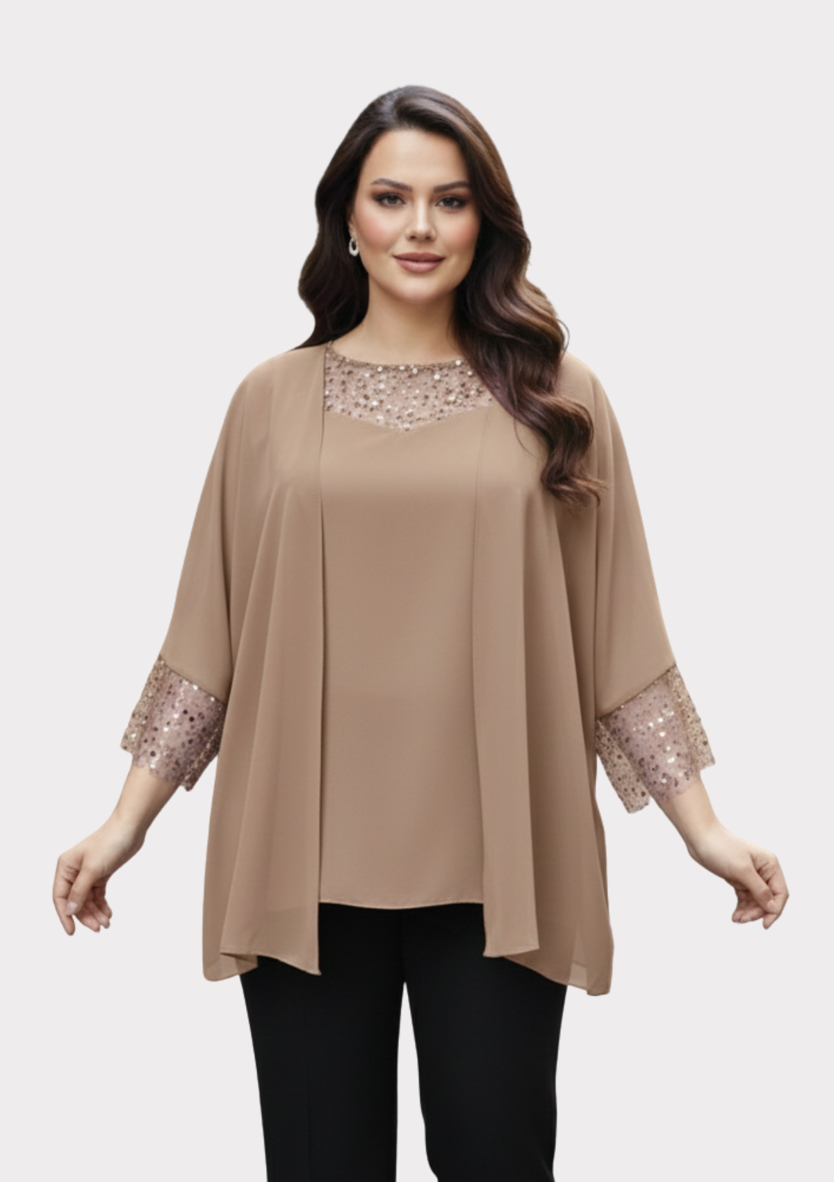 Büyük Beden Vizon Renkli Şifon Ceketli Abiye Bluz