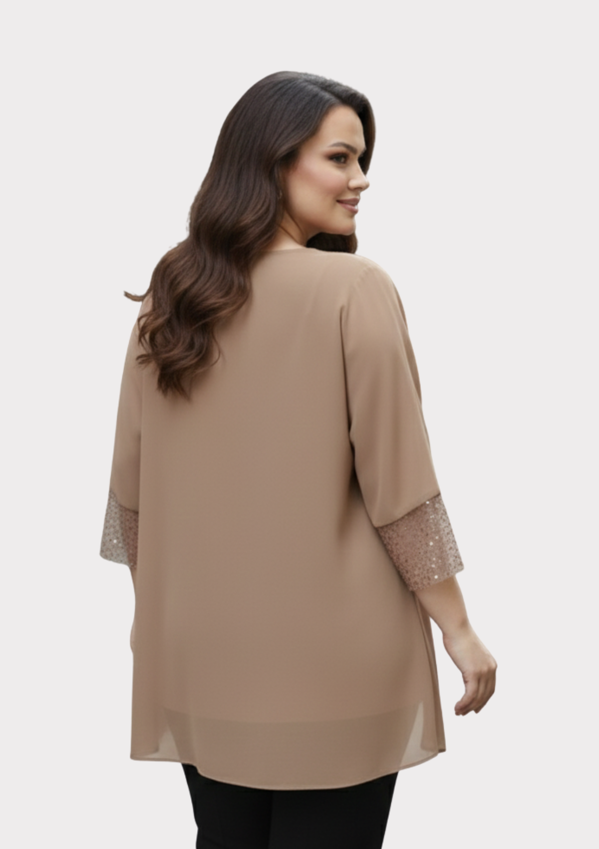 Büyük Beden Vizon Renkli Şifon Ceketli Abiye Bluz