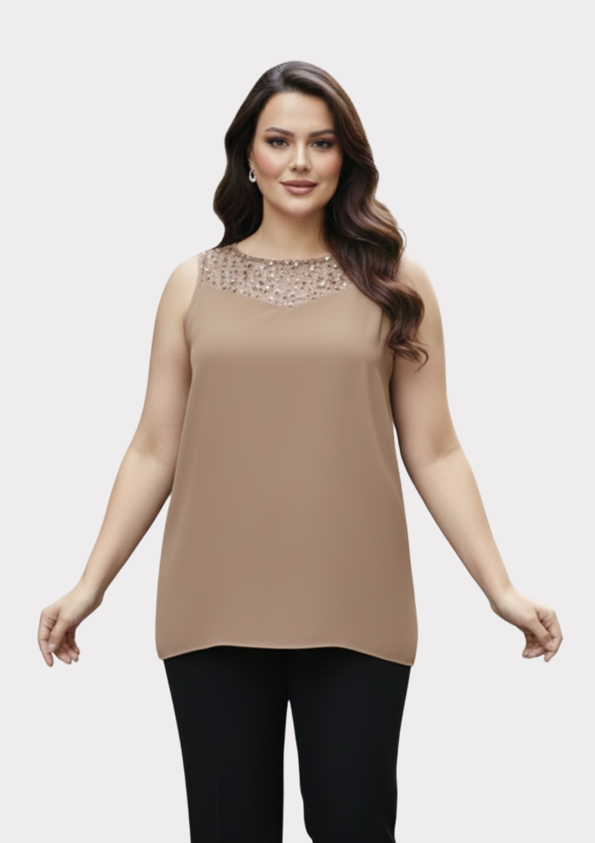 Büyük Beden Vizon Renkli Şifon Ceketli Abiye Bluz