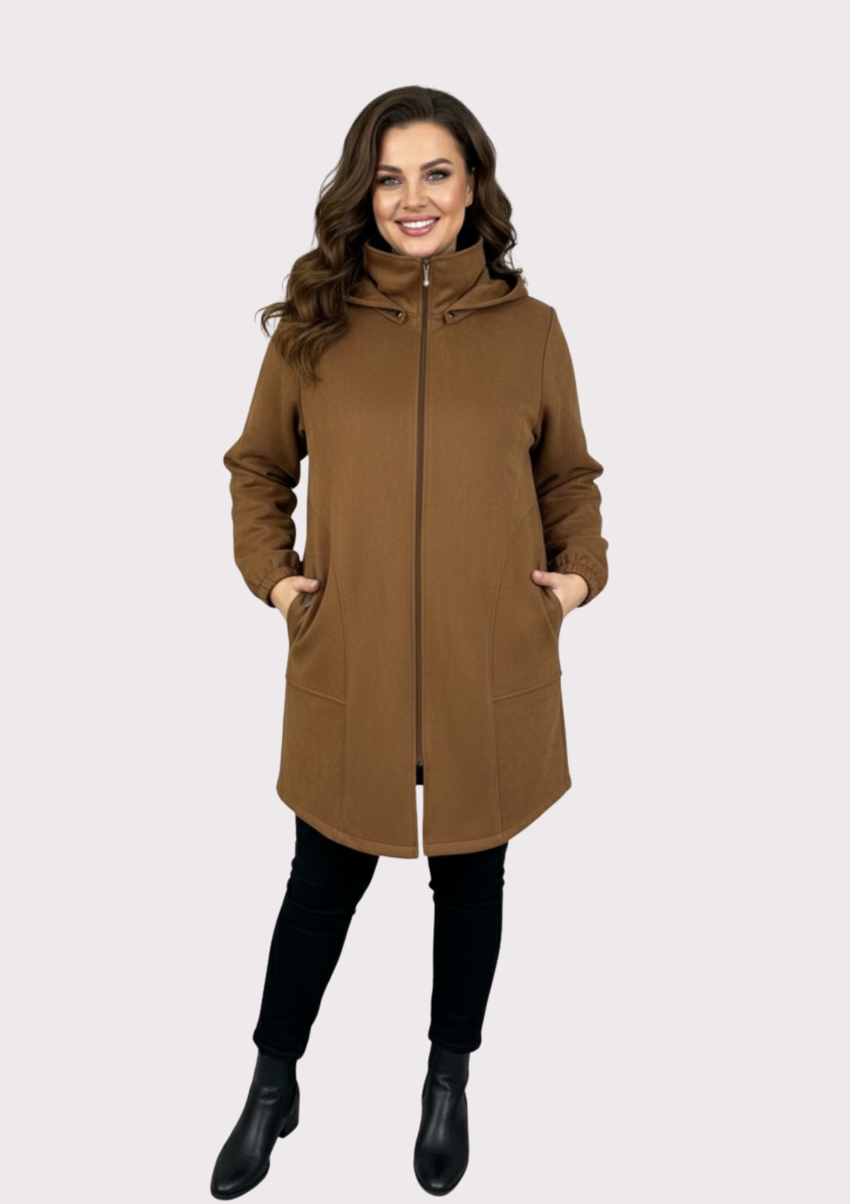 Büyük Beden Vizon Renkli Süet Kapşonlu Uzun  Ceket