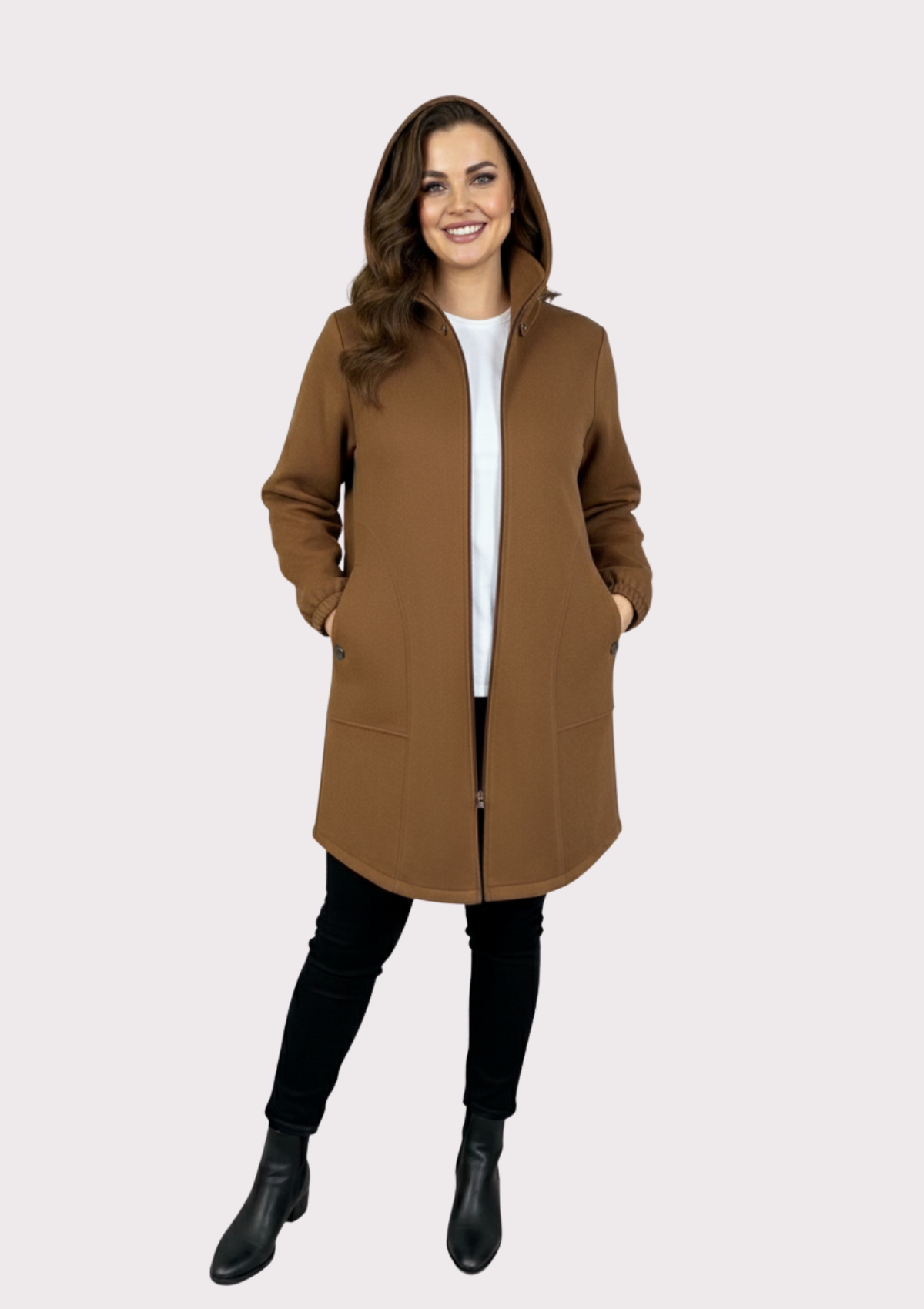 Büyük Beden Vizon Renkli Süet Kapşonlu Uzun  Ceket