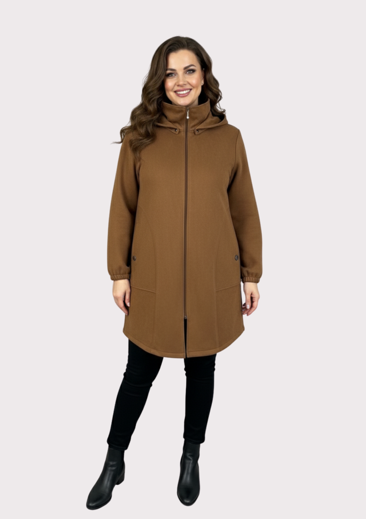 Büyük Beden Vizon Renkli Süet Kapşonlu Uzun  Ceket