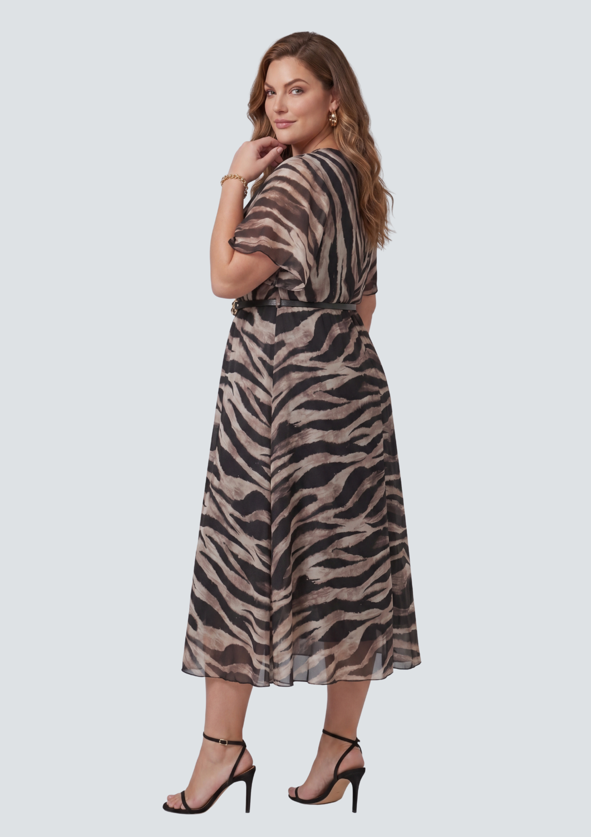 Büyük Beden Vizon Zebra Desen Baskılı Şifon Elbise