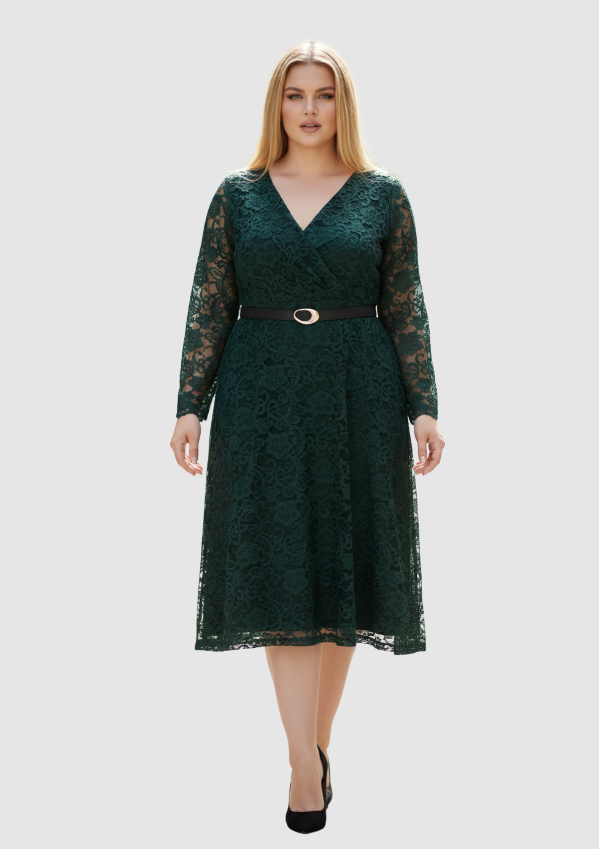 Büyük Beden Yeşil Renkli Dantel Kruvaze Yaka Abiye Elbise