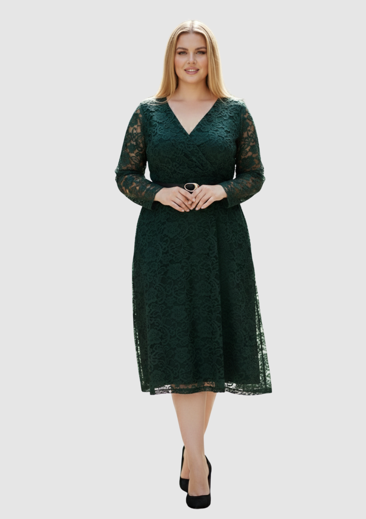 Büyük Beden Yeşil Renkli Dantel Kruvaze Yaka Abiye Elbise